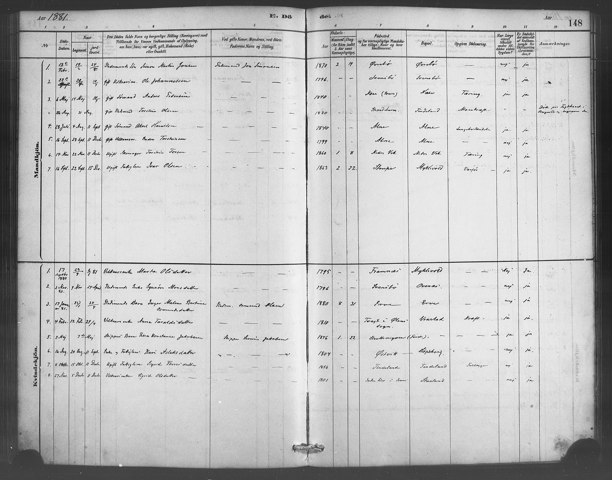 Sveio Sokneprestembete, SAB/A-78501/H/Haa: Ministerialbok nr. D 1, 1878-1894, s. 148