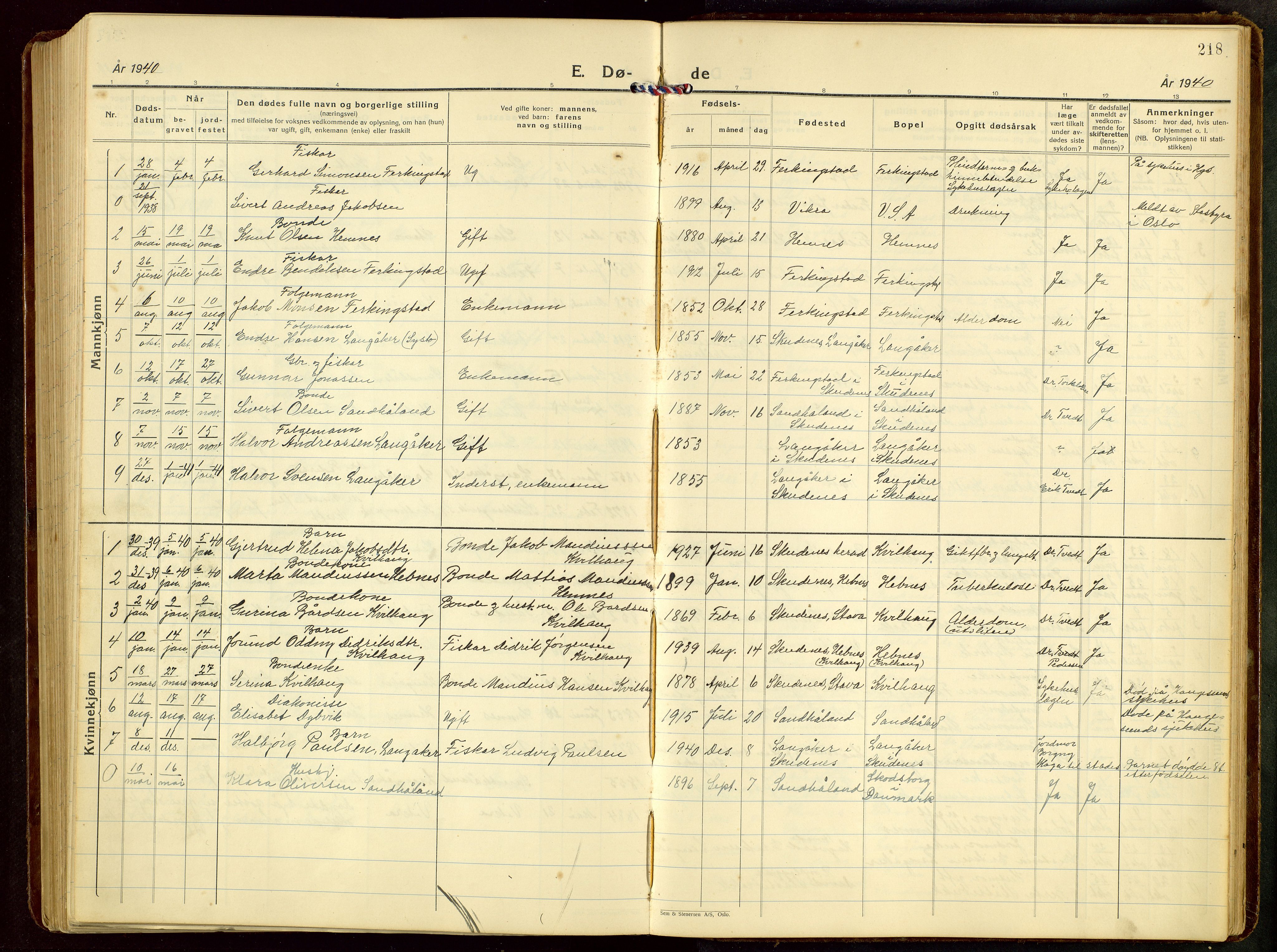 Skudenes sokneprestkontor, AV/SAST-A -101849/H/Ha/Hab/L0012: Klokkerbok nr. B 12, 1936-1968, s. 218