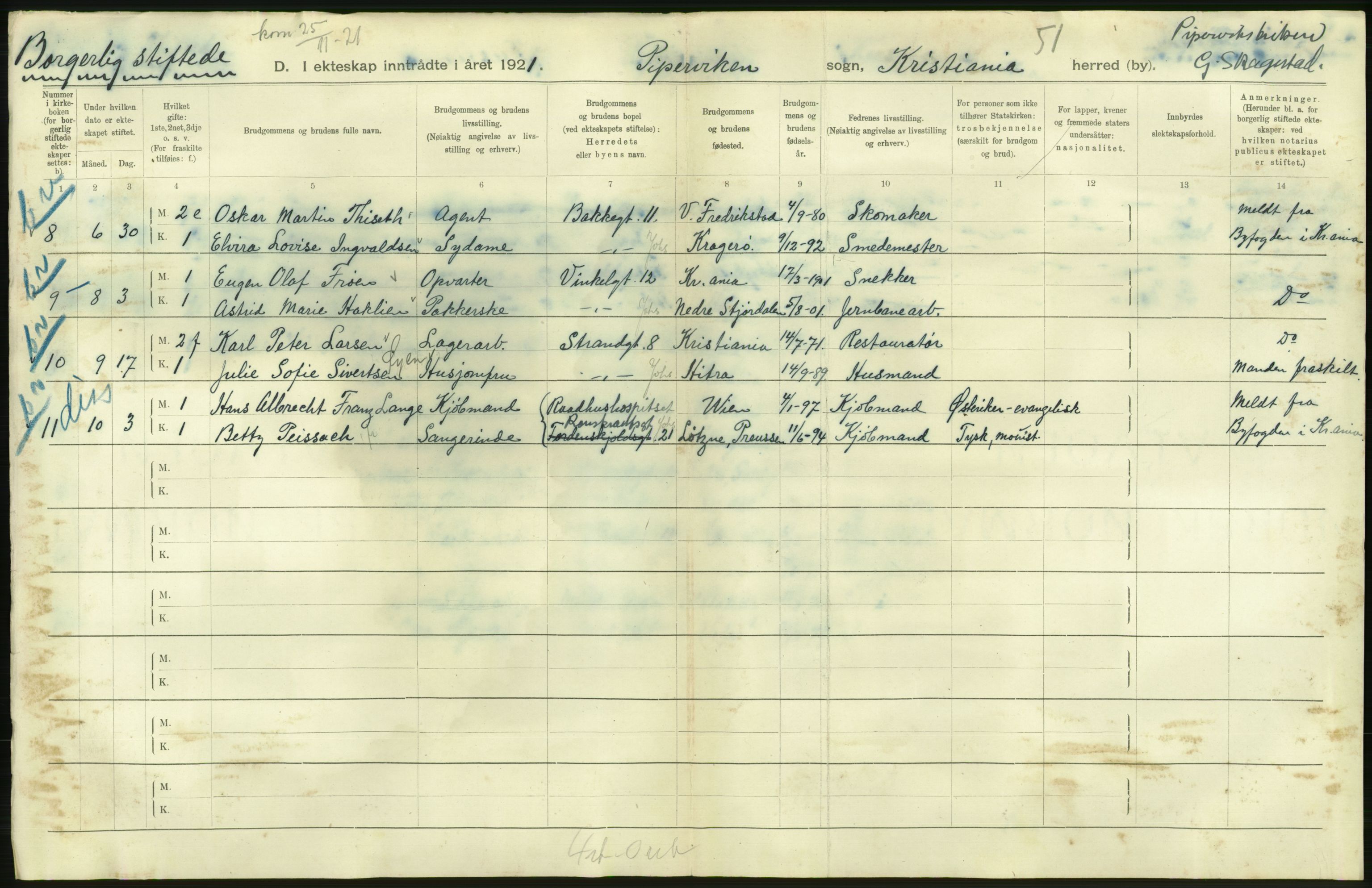 Statistisk sentralbyrå, Sosiodemografiske emner, Befolkning, RA/S-2228/D/Df/Dfc/Dfca/L0011: Kristiania: Gifte, 1921, s. 874