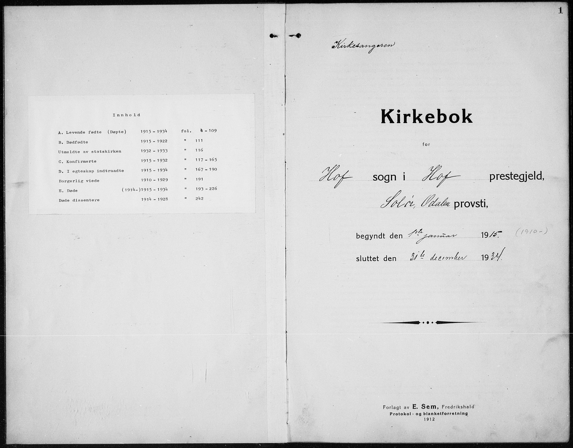 Hof prestekontor, SAH/PREST-038/H/Ha/Hab/L0002: Klokkerbok nr. 2, 1915-1934, s. 1