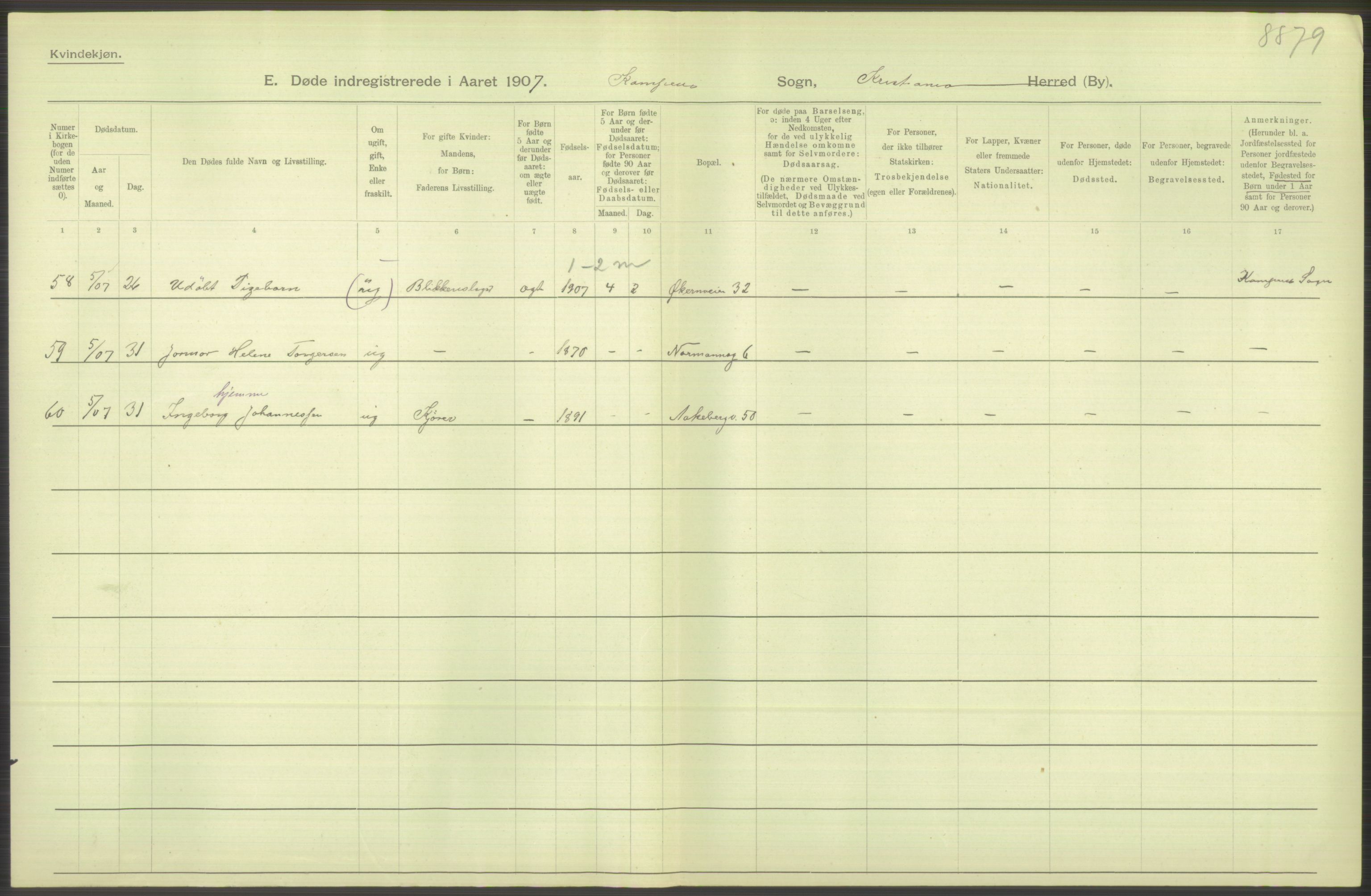 Statistisk sentralbyrå, Sosiodemografiske emner, Befolkning, AV/RA-S-2228/D/Df/Dfa/Dfae/L0009: Kristiania: Døde, 1907, s. 480