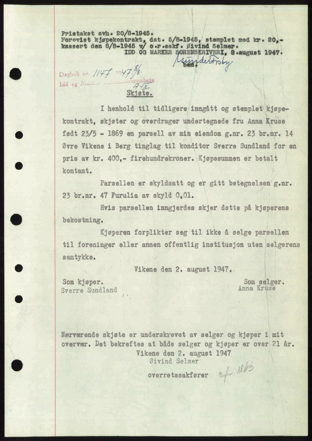 Idd og Marker sorenskriveri, SAO/A-10283/G/Gb/Gbb/L0009: Pantebok nr. A9, 1946-1947, Dagboknr: 1147/1947