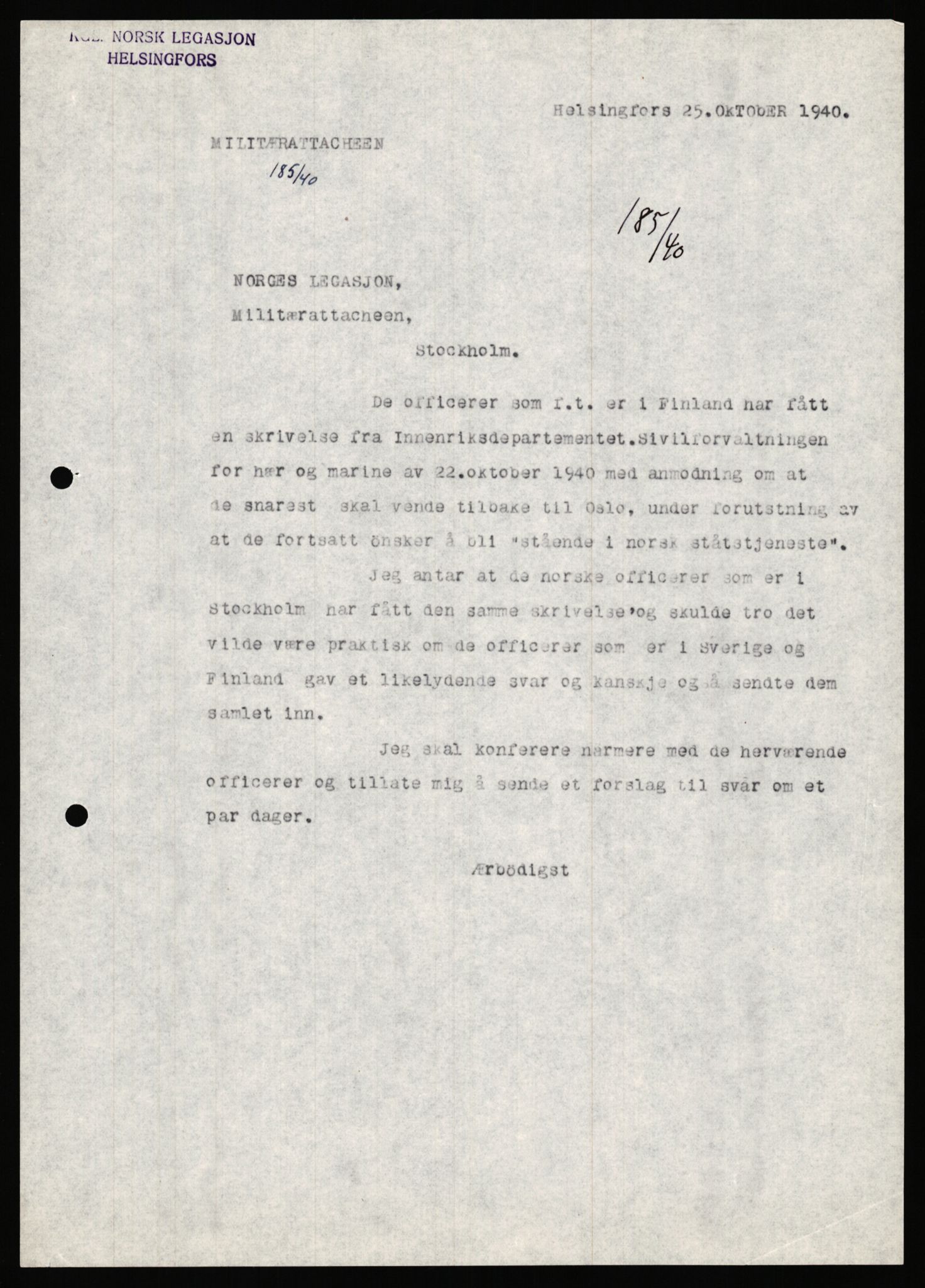 Forsvaret, Forsvarets krigshistoriske avdeling, AV/RA-RAFA-2017/Y/Ya/L0006: II-C-11-11,2 - Utenriksdepartementet.  Legasjonen i Helsingfors., 1940-1946, s. 15