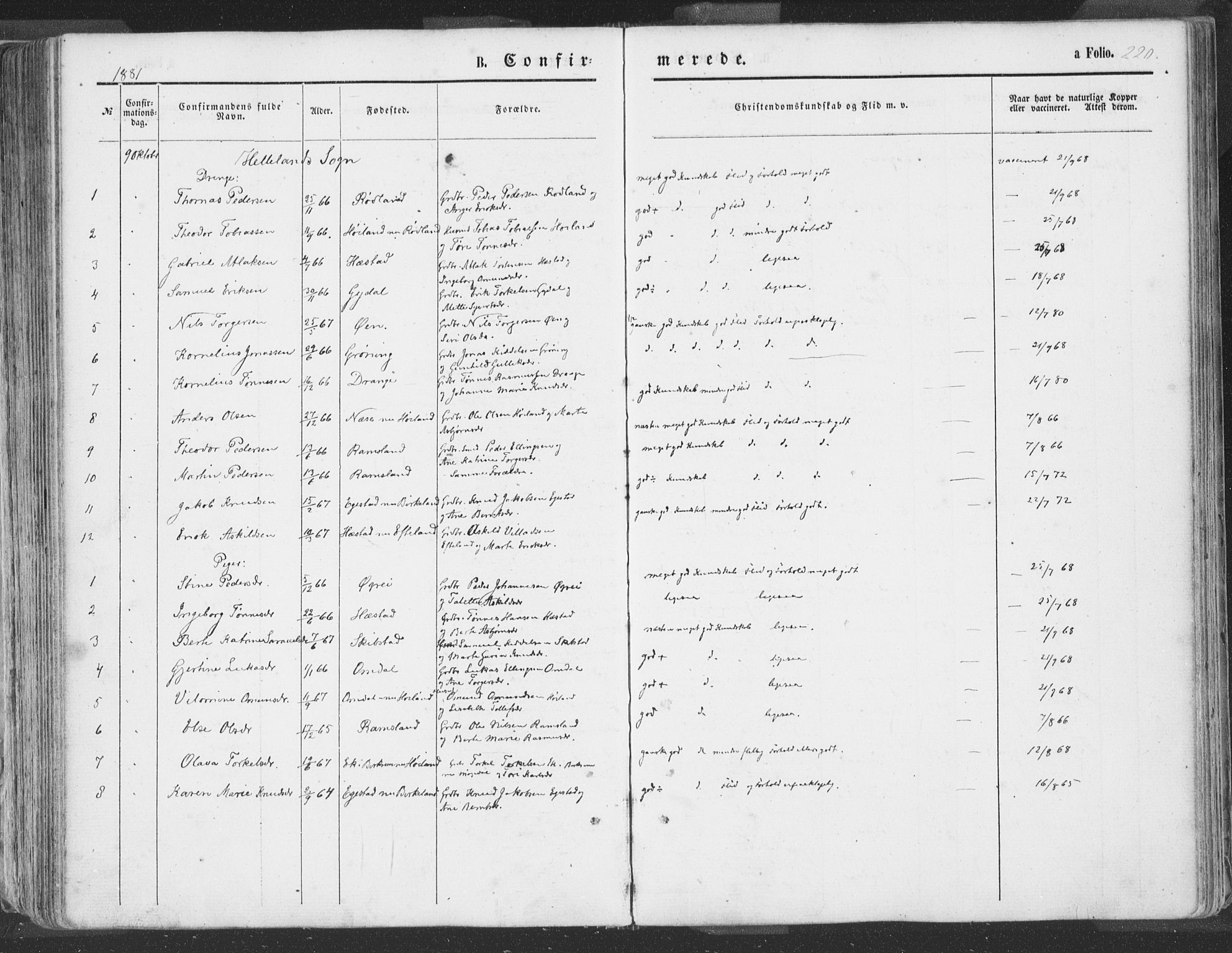 Helleland sokneprestkontor, SAST/A-101810: Ministerialbok nr. A 7.1, 1863-1886, s. 220