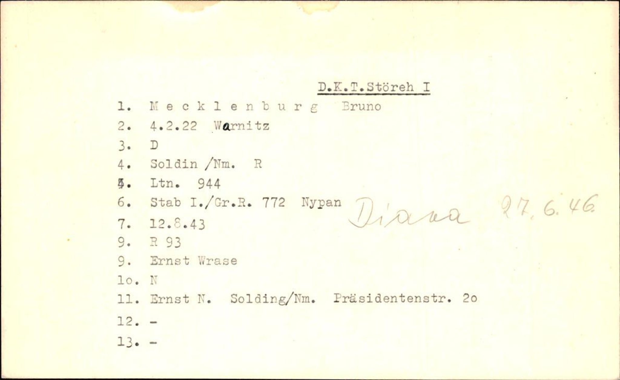 Hjemsendte tyskere , AV/RA-RAFA-6487/D/Db/L0019: Medrow-Mulsow, 1945-1947, s. 1