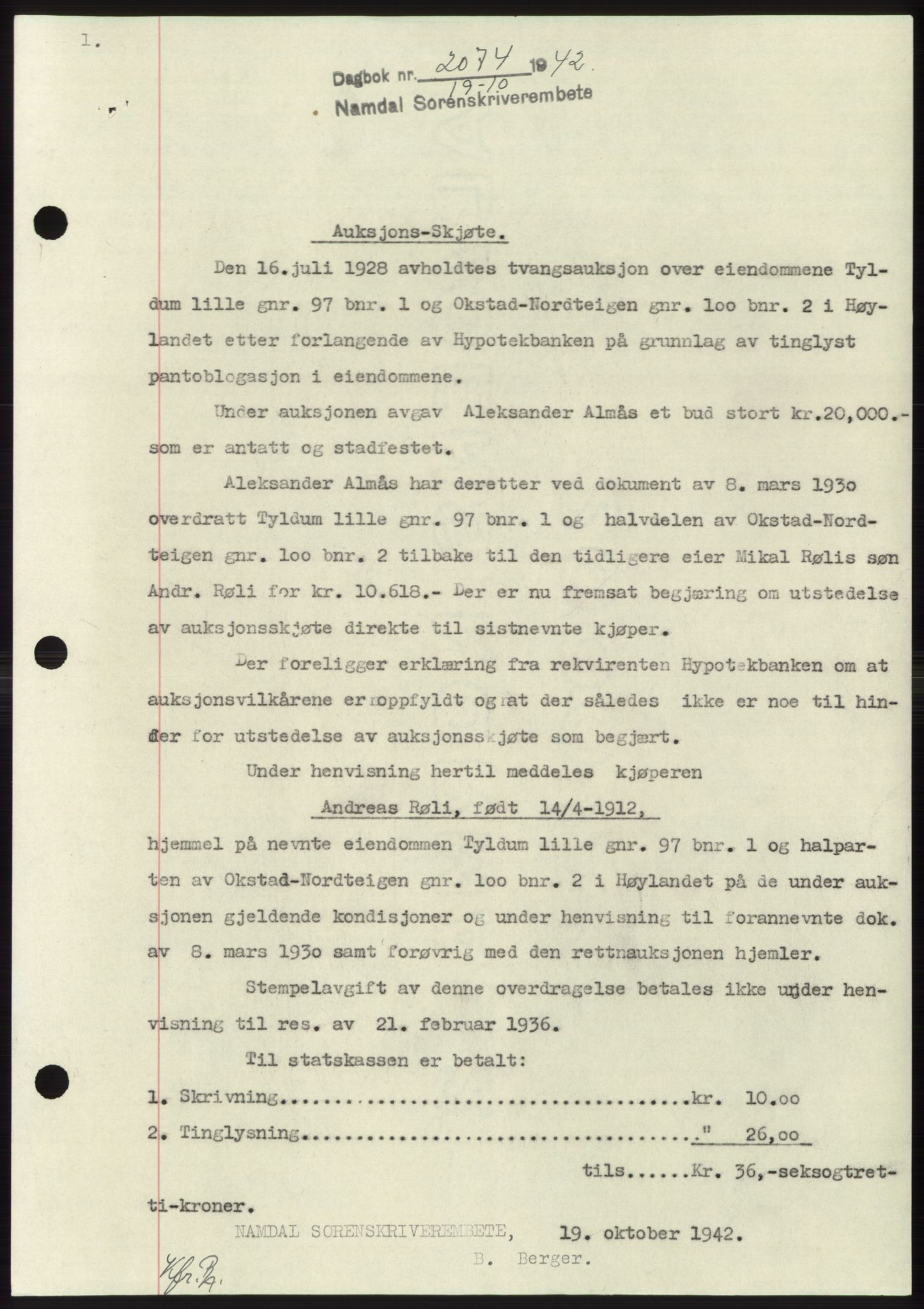 Namdal sorenskriveri, SAT/A-4133/1/2/2C: Pantebok nr. -, 1942-1943, Dagboknr: 2074/1942