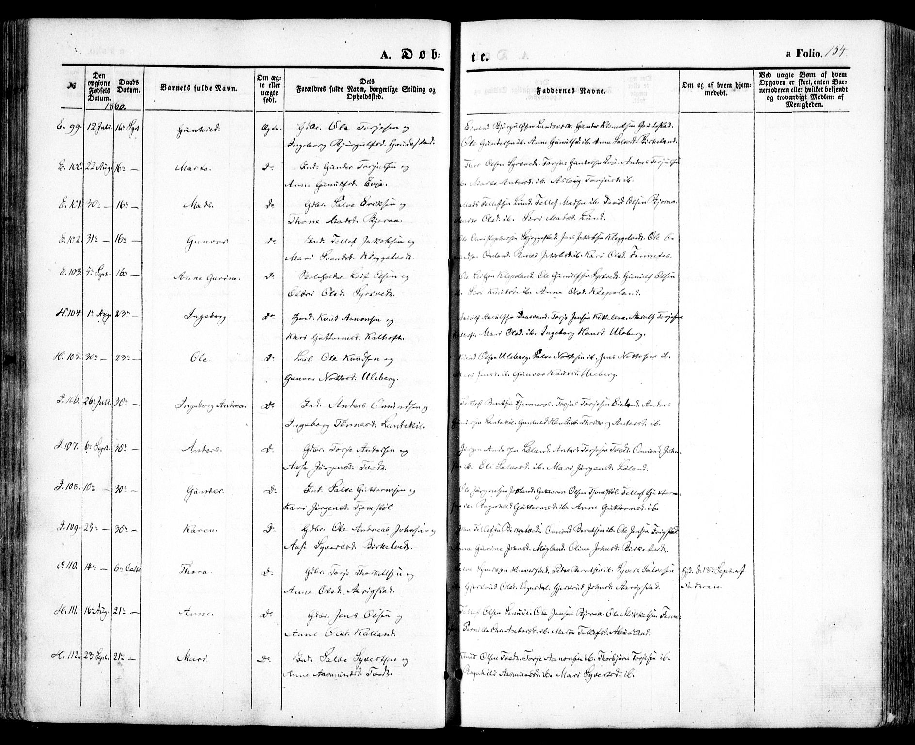 Evje sokneprestkontor, AV/SAK-1111-0008/F/Fa/Faa/L0005: Ministerialbok nr. A 5, 1843-1865, s. 154