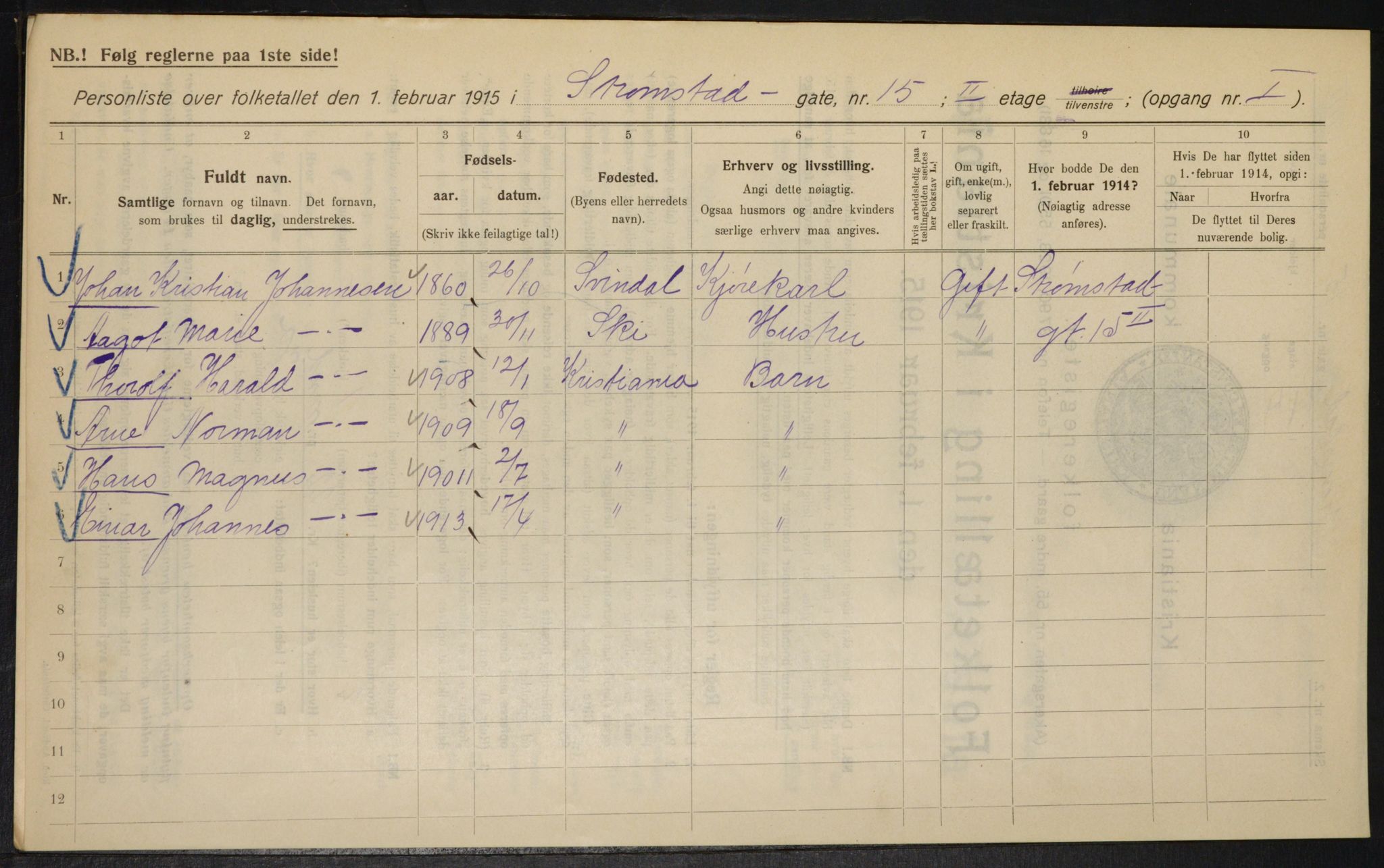 OBA, Kommunal folketelling 1.2.1915 for Kristiania, 1915, s. 104107