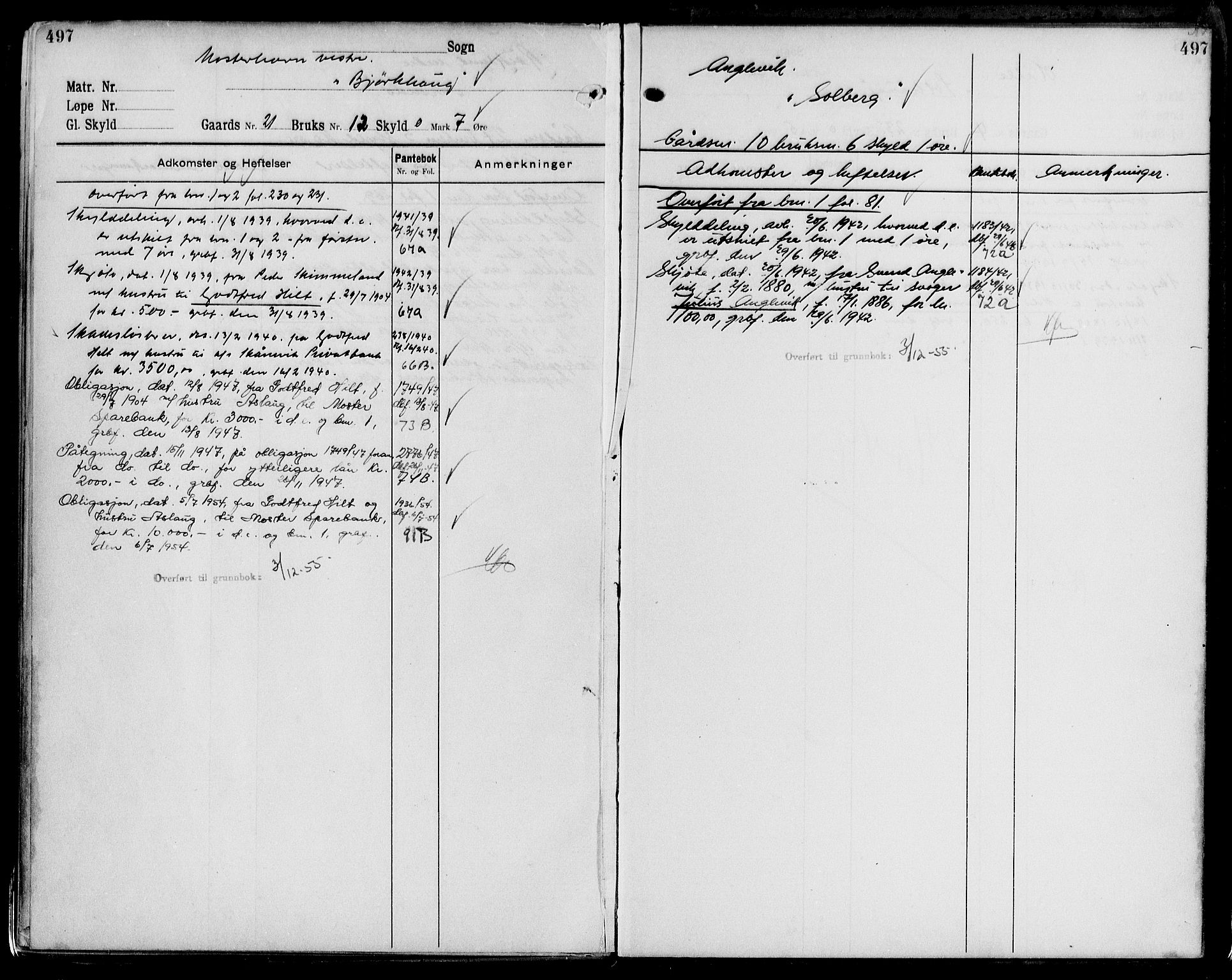 Sunnhordland sorenskrivar, AV/SAB-A-2401/1/G/Ga/Gap/L0001: Panteregister nr. II.A.p.1, 1914-1956, s. 497