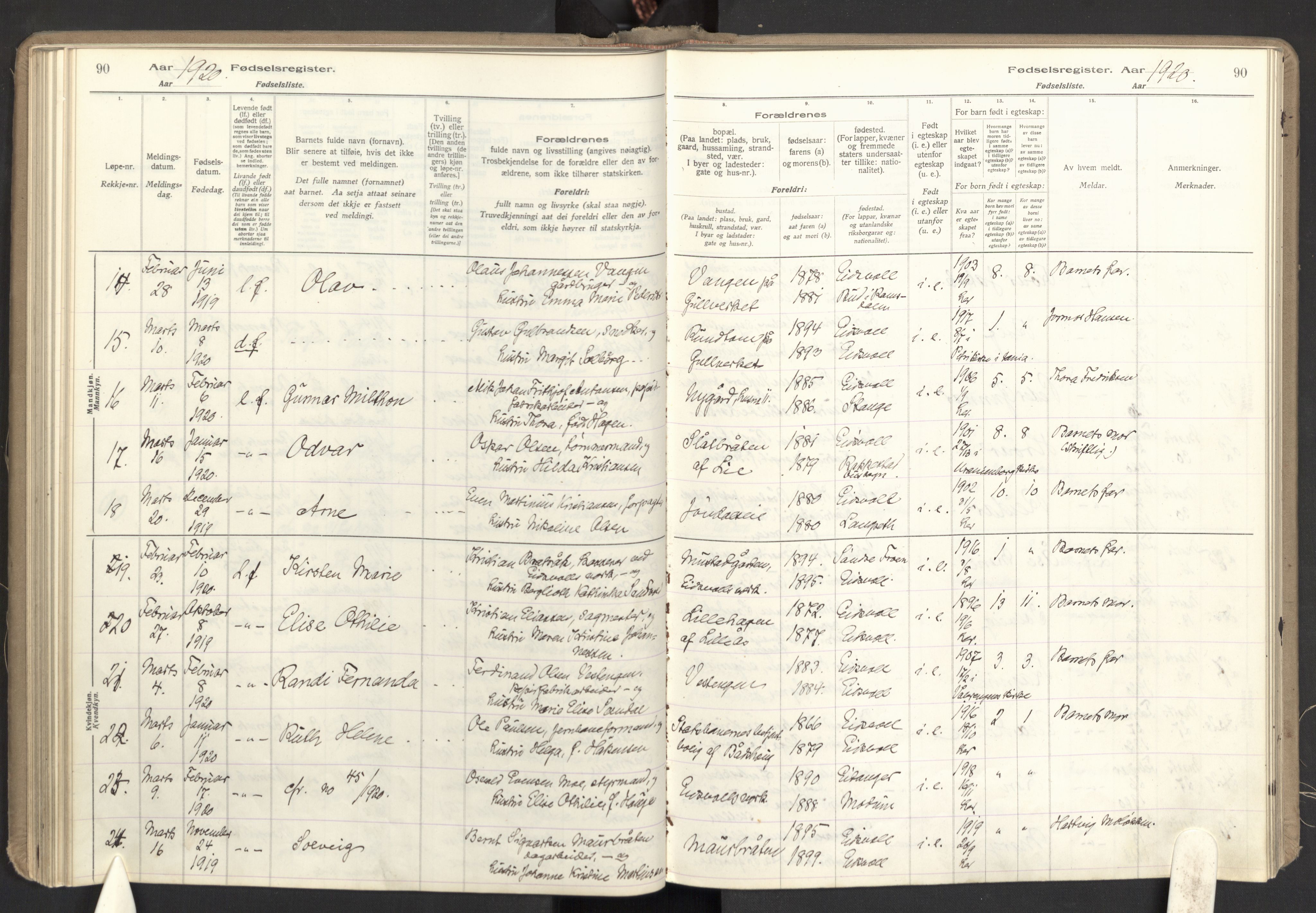 Eidsvoll prestekontor Kirkebøker, AV/SAO-A-10888/J/Ja/L0001: Fødselsregister nr. I 1, 1916-1924, s. 90