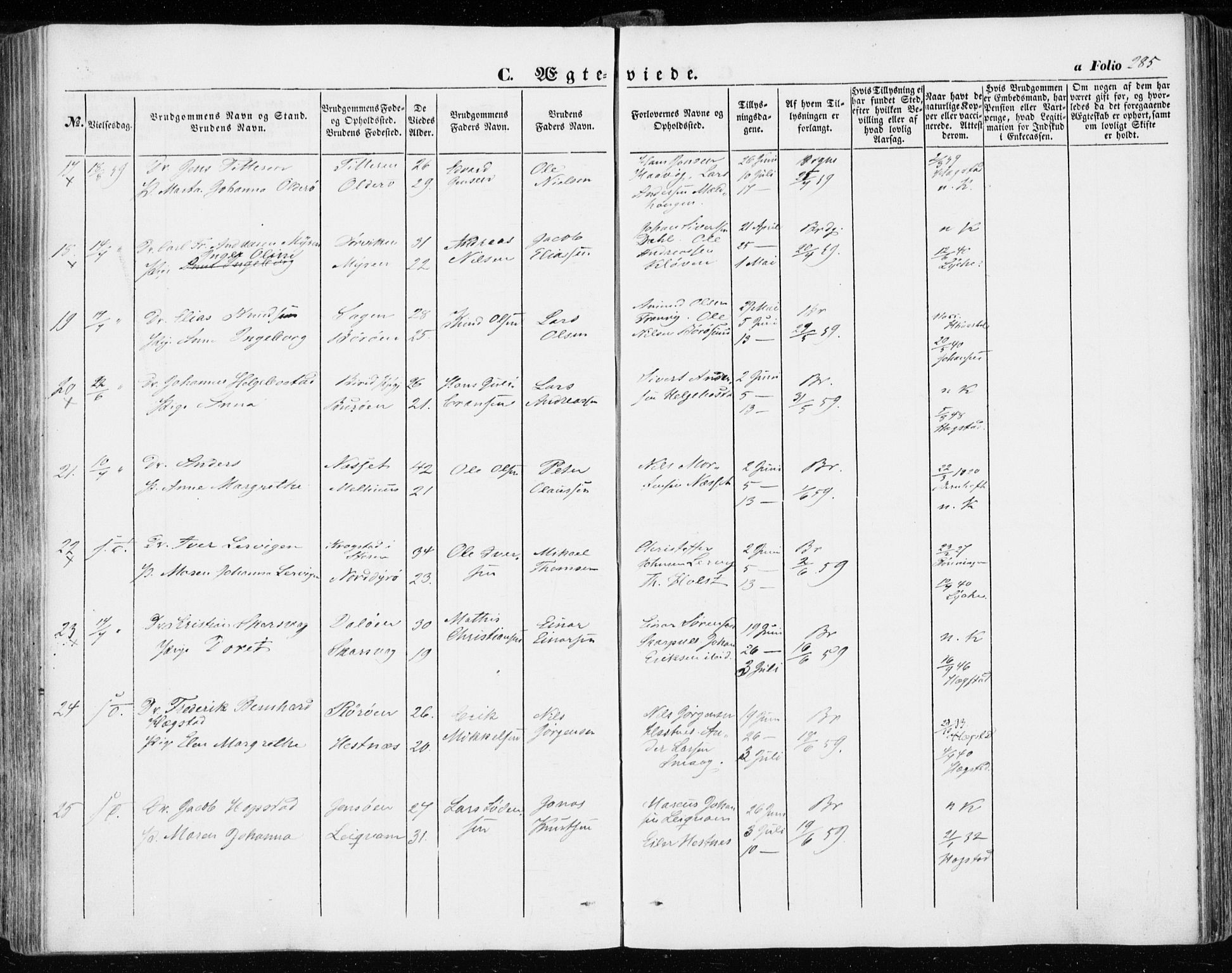 Ministerialprotokoller, klokkerbøker og fødselsregistre - Sør-Trøndelag, SAT/A-1456/634/L0530: Ministerialbok nr. 634A06, 1852-1860, s. 285