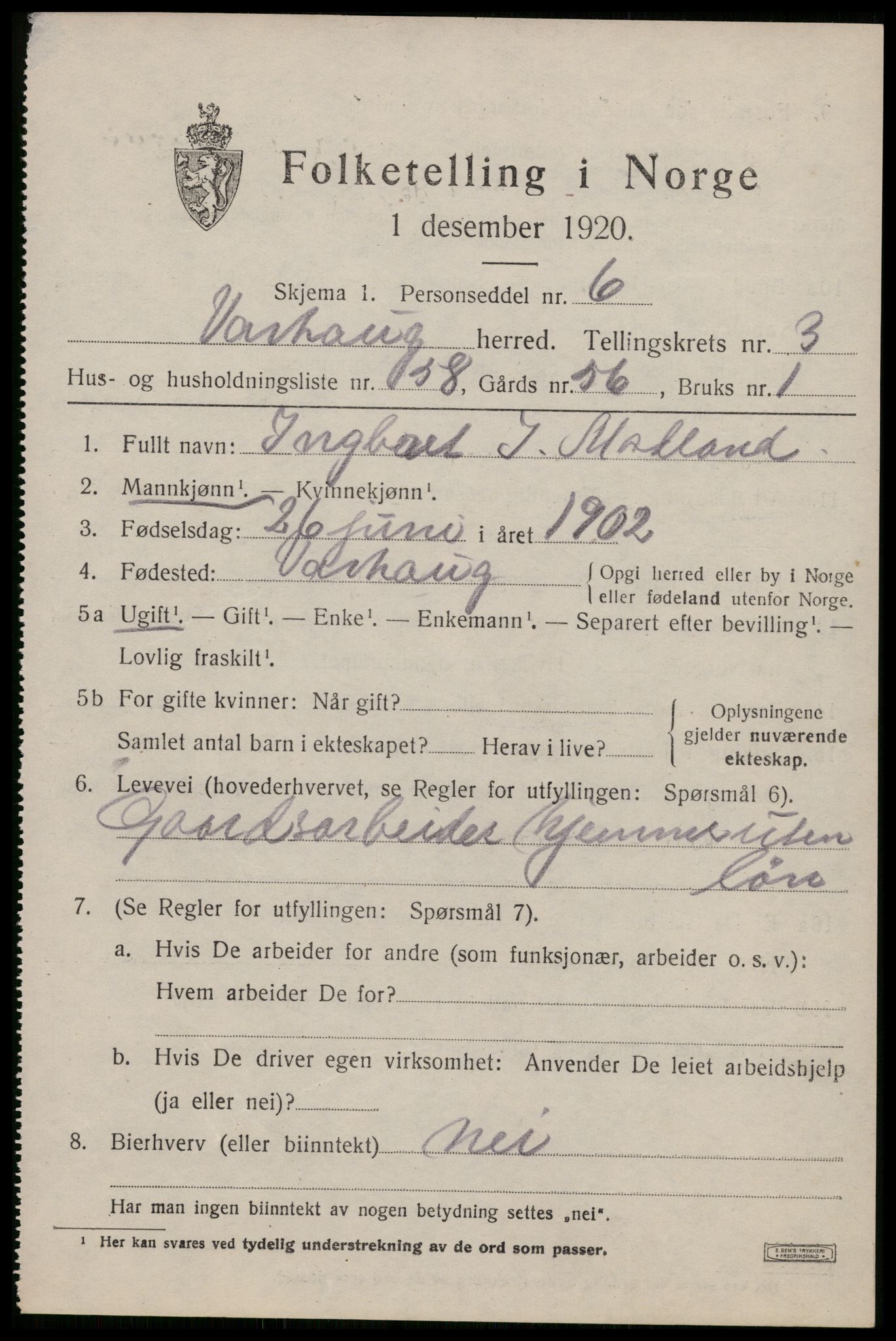 SAST, Folketelling 1920 for 1118 Varhaug herred, 1920, s. 3609