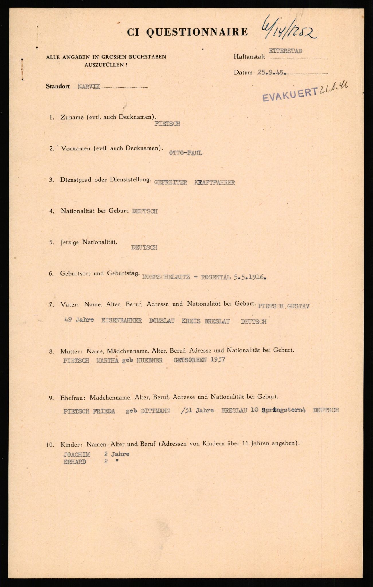 Forsvaret, Forsvarets overkommando II, AV/RA-RAFA-3915/D/Db/L0026: CI Questionaires. Tyske okkupasjonsstyrker i Norge. Tyskere., 1945-1946, s. 152