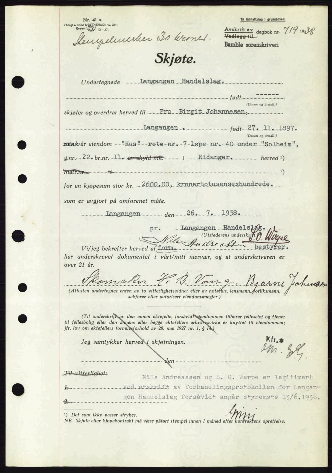 Bamble sorenskriveri, AV/SAKO-A-214/G/Ga/Gag/L0002: Pantebok nr. A-2, 1937-1938, Dagboknr: 719/1938