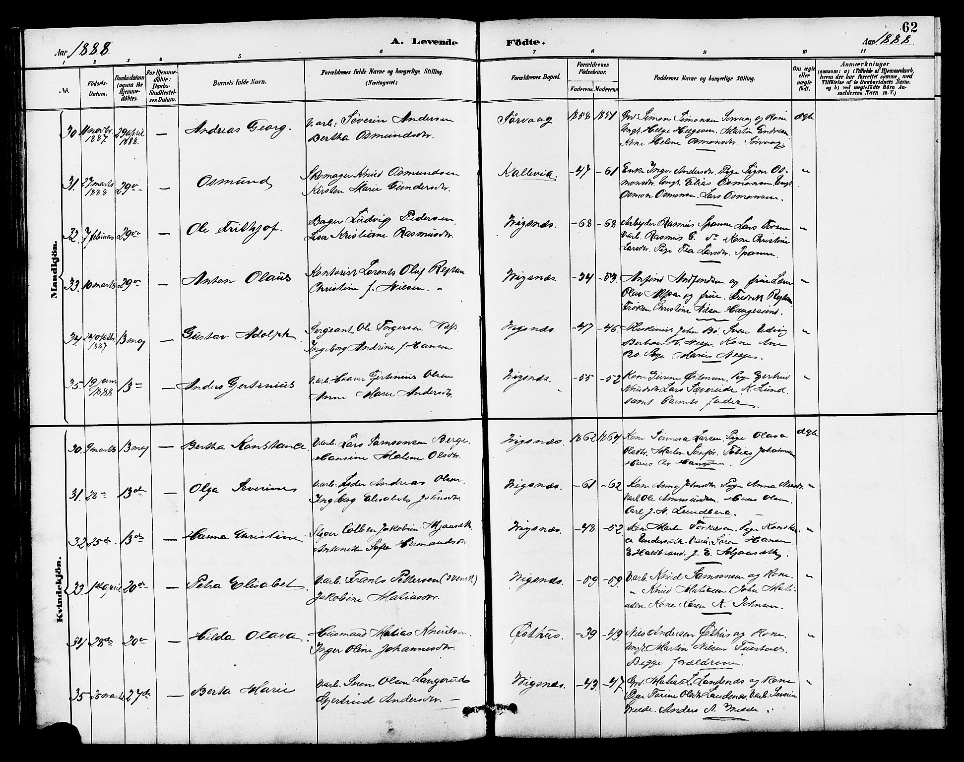 Avaldsnes sokneprestkontor, AV/SAST-A -101851/H/Ha/Hab/L0007: Klokkerbok nr. B 7, 1885-1909, s. 62