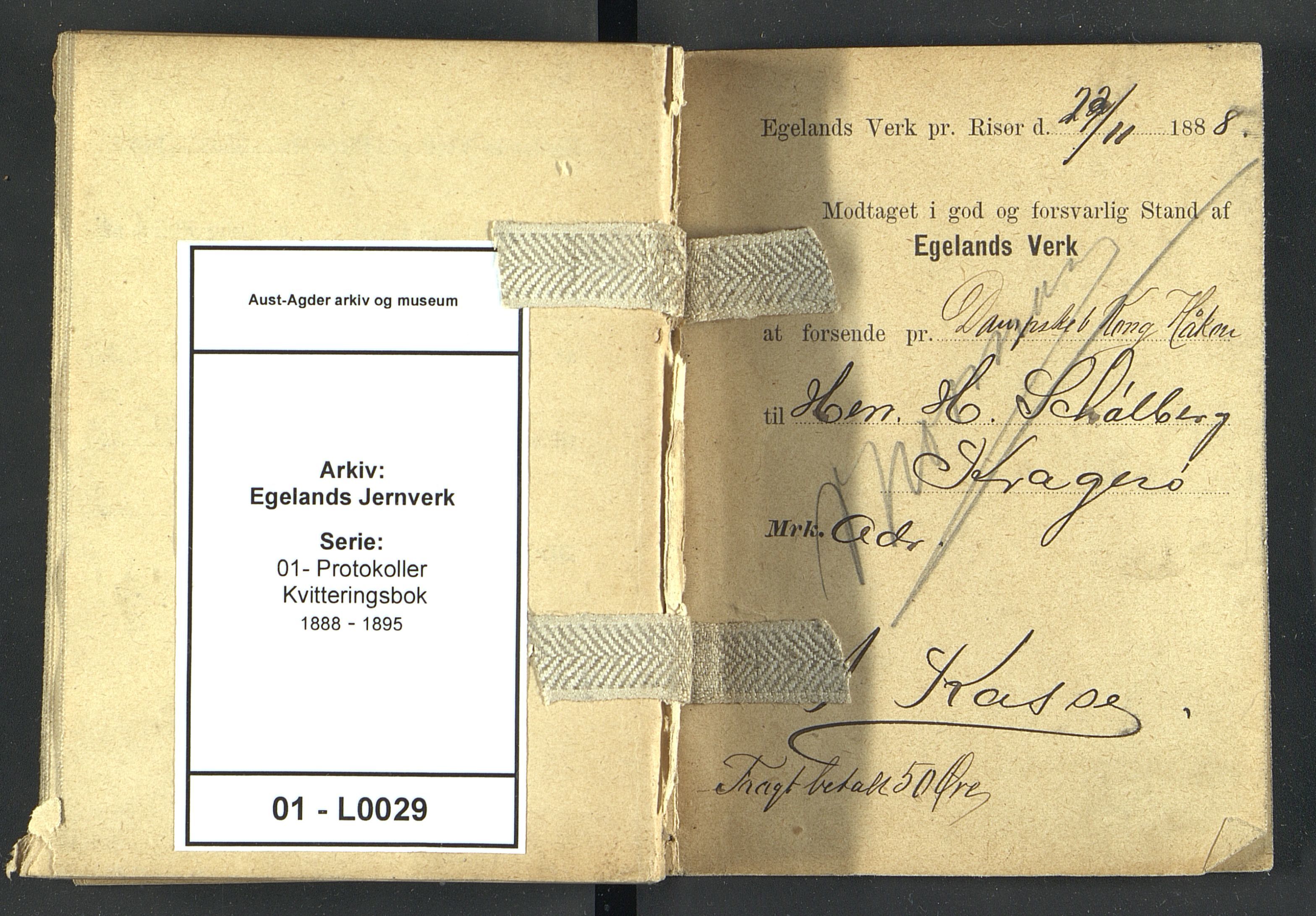 Egelands Jernverk, AAKS/PA-1907/01/L0029: Kvitteringsbok, 1888-1895