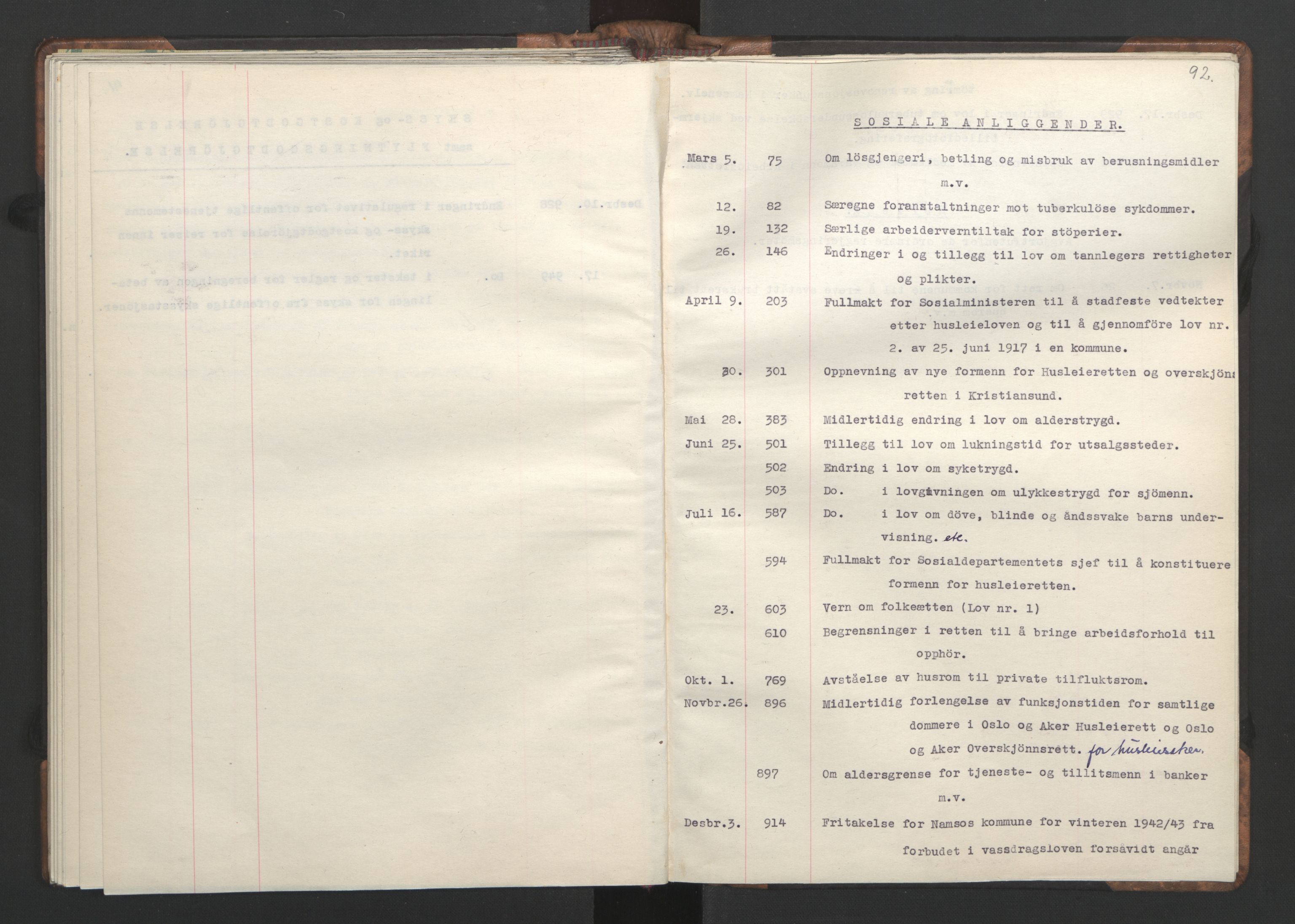 NS-administrasjonen 1940-1945 (Statsrådsekretariatet, de kommisariske statsråder mm), RA/S-4279/D/Da/L0002: Register (RA j.nr. 985/1943, tilgangsnr. 17/1943), 1942, s. 95