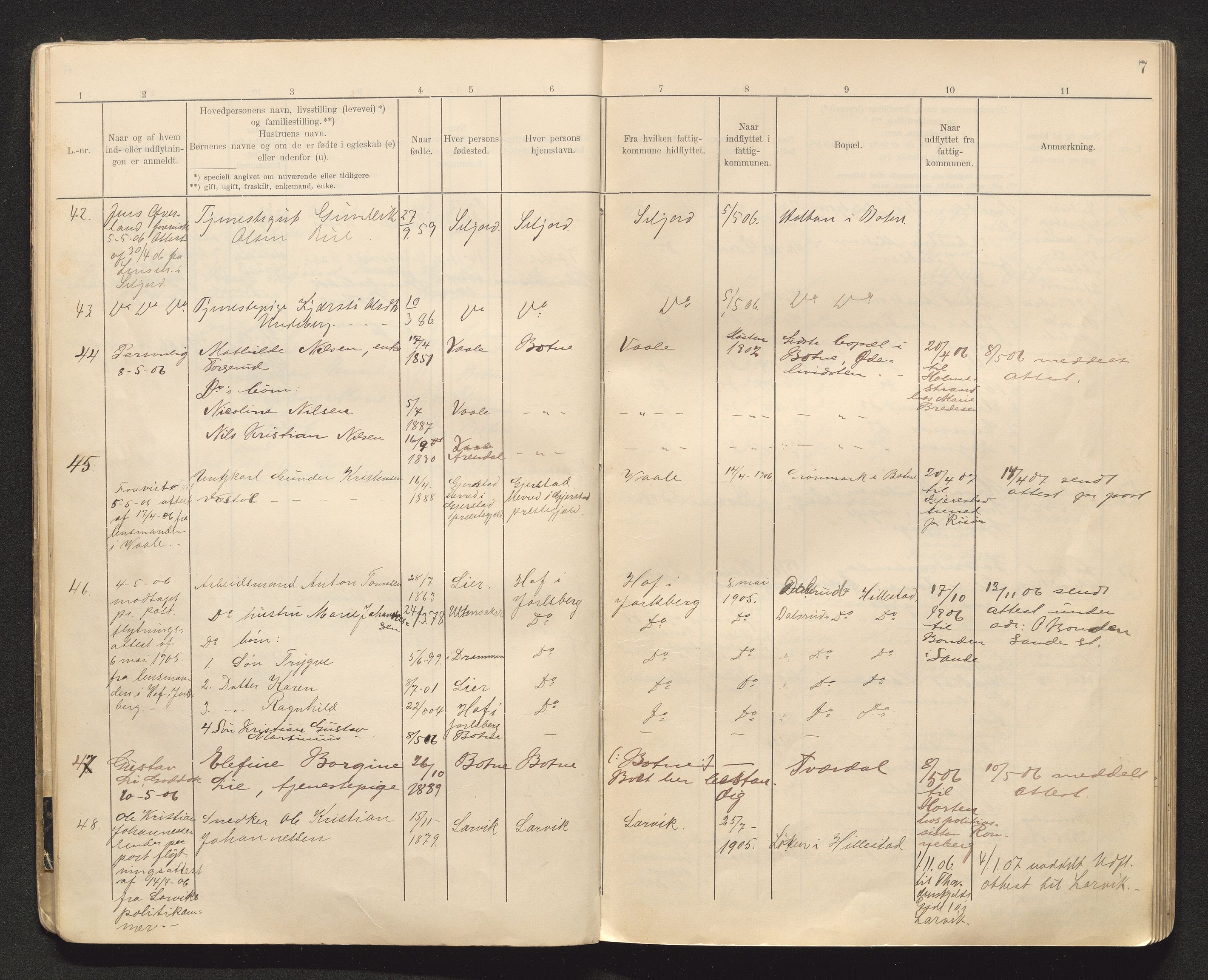Botne lensmannskontor, AV/SAKO-A-534/O/Oa/L0002: Protokoll over inn- og utflyttede, 1905-1910, s. 6b-7a