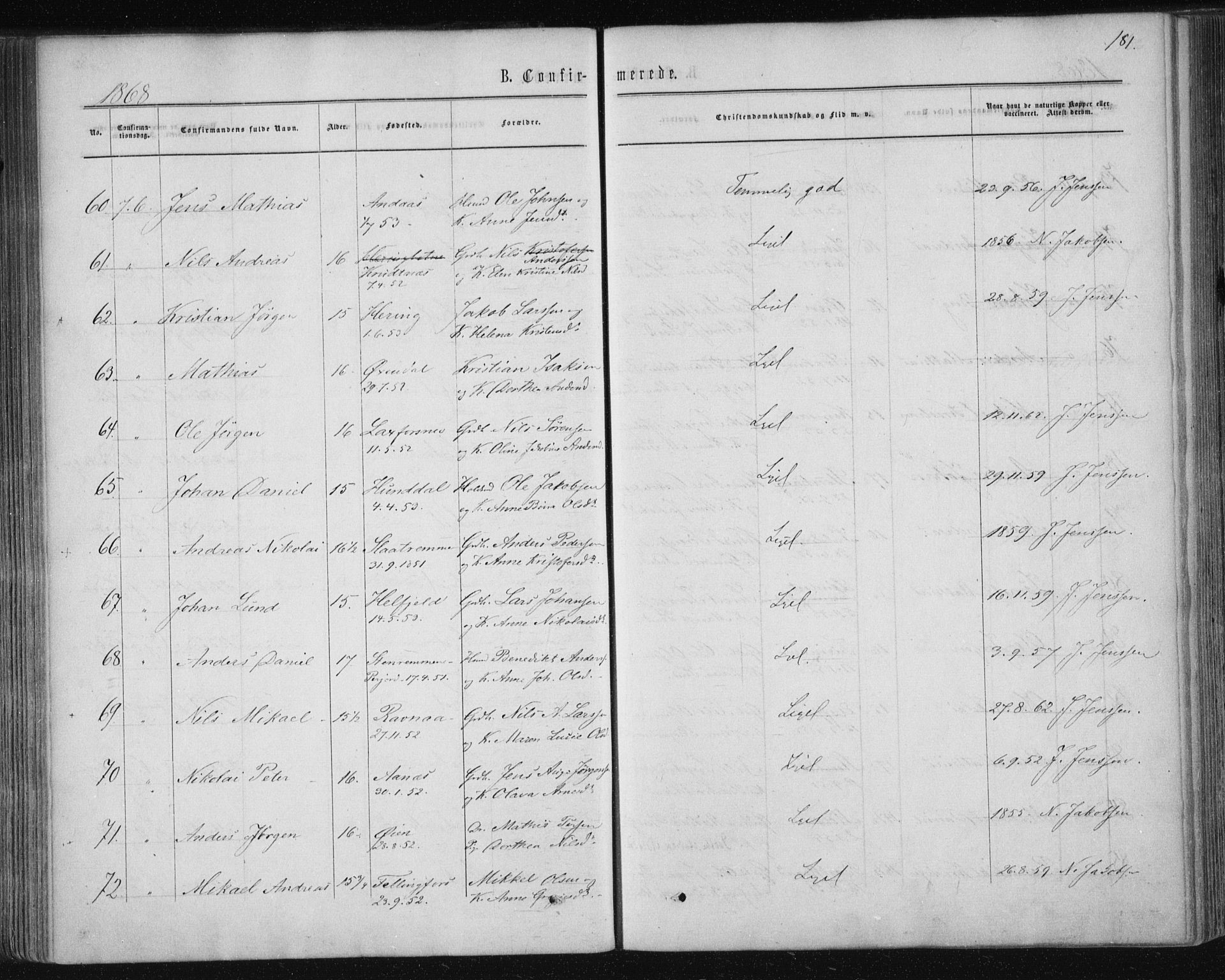 Ministerialprotokoller, klokkerbøker og fødselsregistre - Nordland, AV/SAT-A-1459/820/L0294: Ministerialbok nr. 820A15, 1866-1879, s. 181