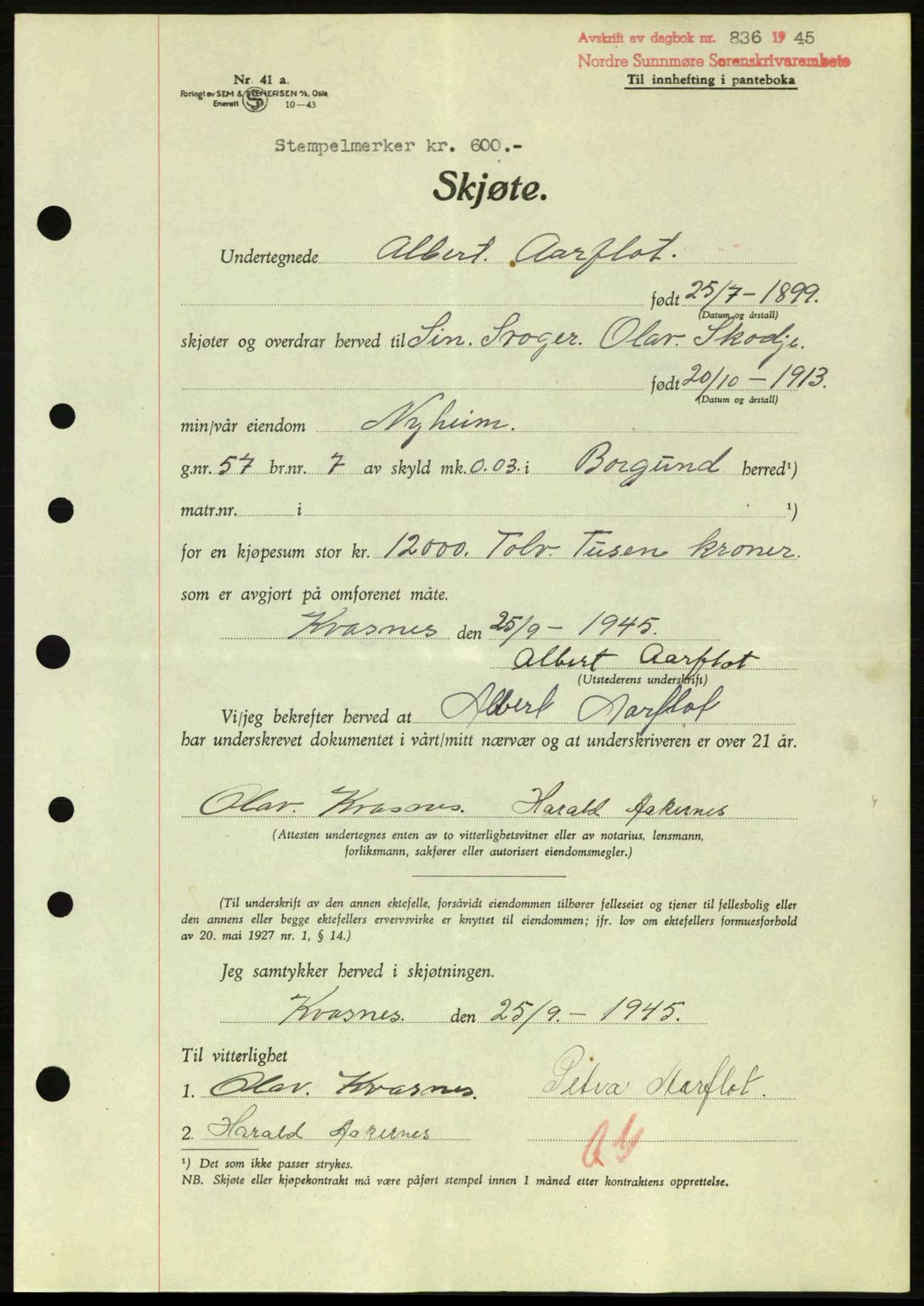 Nordre Sunnmøre sorenskriveri, AV/SAT-A-0006/1/2/2C/2Ca: Pantebok nr. A20a, 1945-1945, Dagboknr: 836/1945