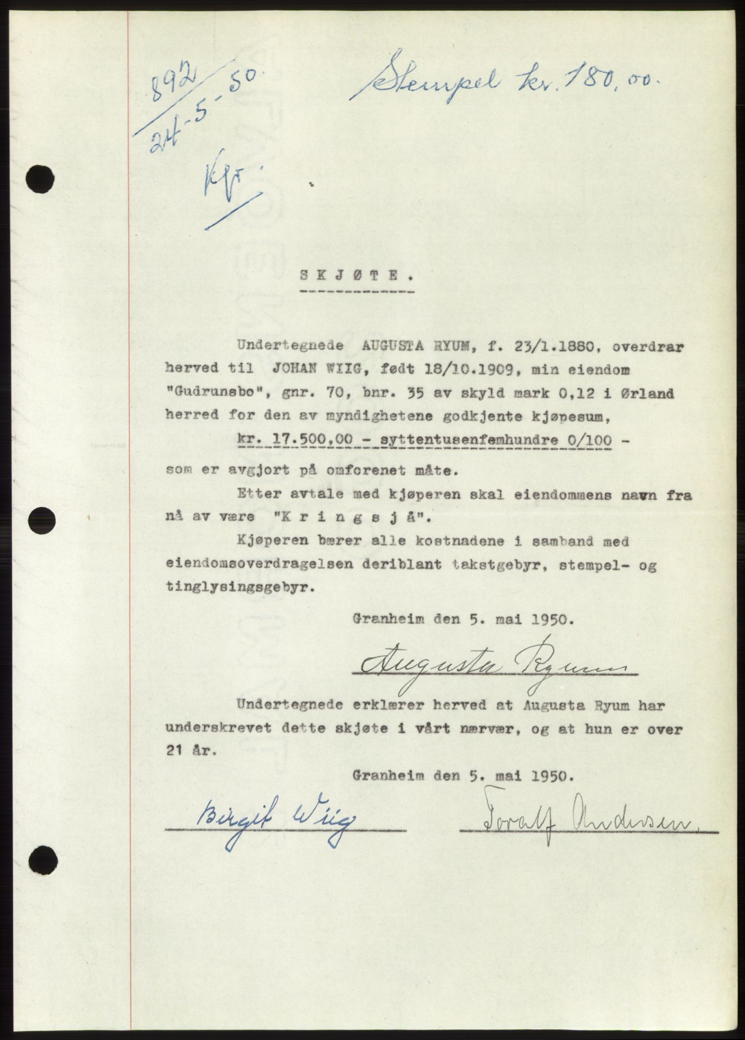 Fosen sorenskriveri, AV/SAT-A-1107/1/2/2C: Pantebok nr. A11, 1950-1950, Dagboknr: 892/1950