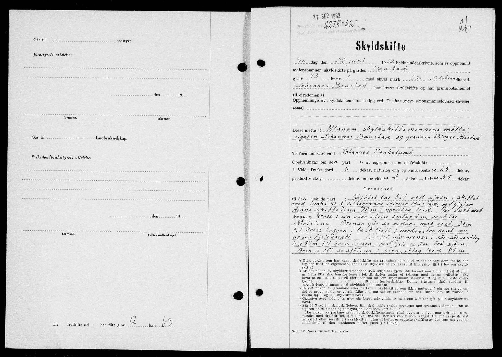 Ryfylke tingrett, SAST/A-100055/001/II/IIB: Pantebok nr. 135-142, 1961-1962, Dagboknr: 2278/1962