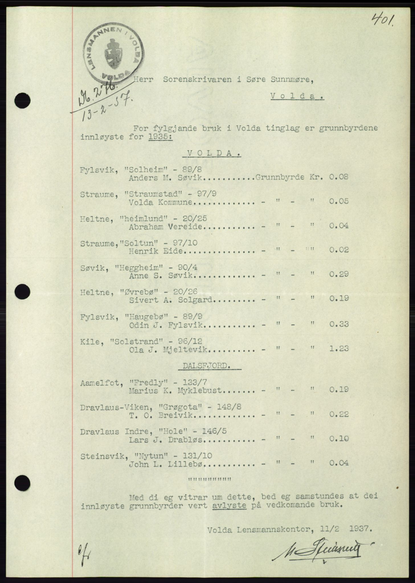 Søre Sunnmøre sorenskriveri, AV/SAT-A-4122/1/2/2C/L0062: Pantebok nr. 56, 1936-1937, Dagboknr: 276/1937