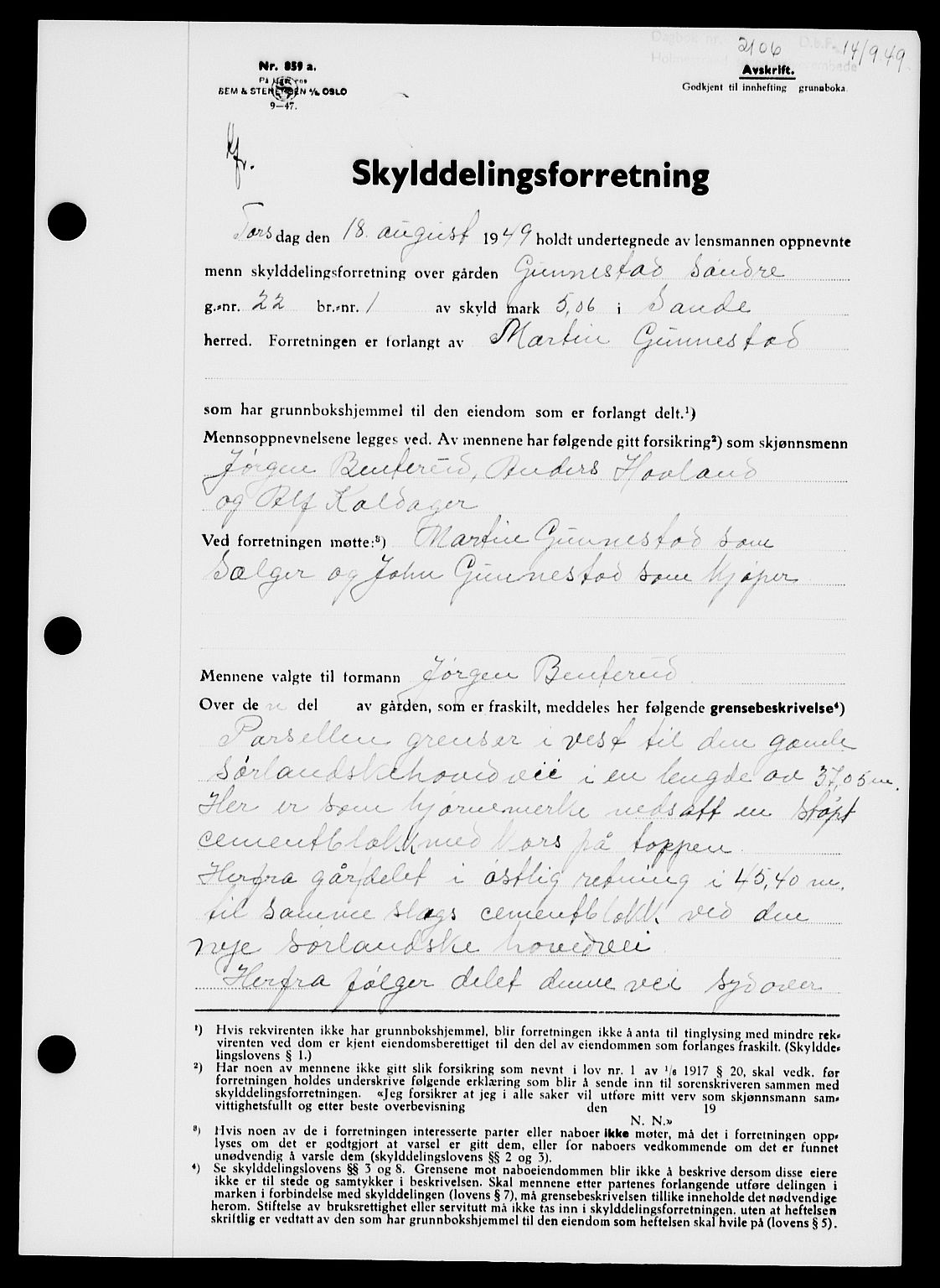 Holmestrand sorenskriveri, SAKO/A-67/G/Ga/Gaa/L0067: Pantebok nr. A-67, 1949-1949, Dagboknr: 2106/1949