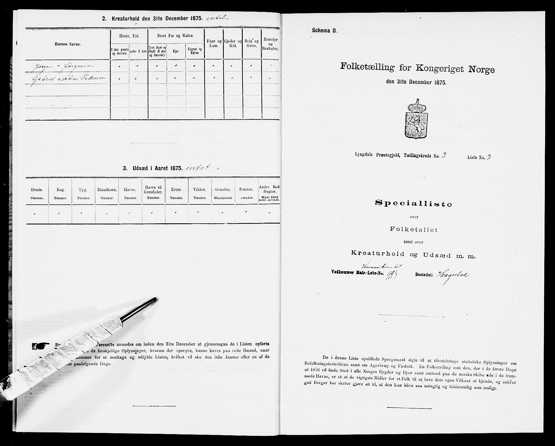 SAK, Folketelling 1875 for 1032P Lyngdal prestegjeld, 1875, s. 481