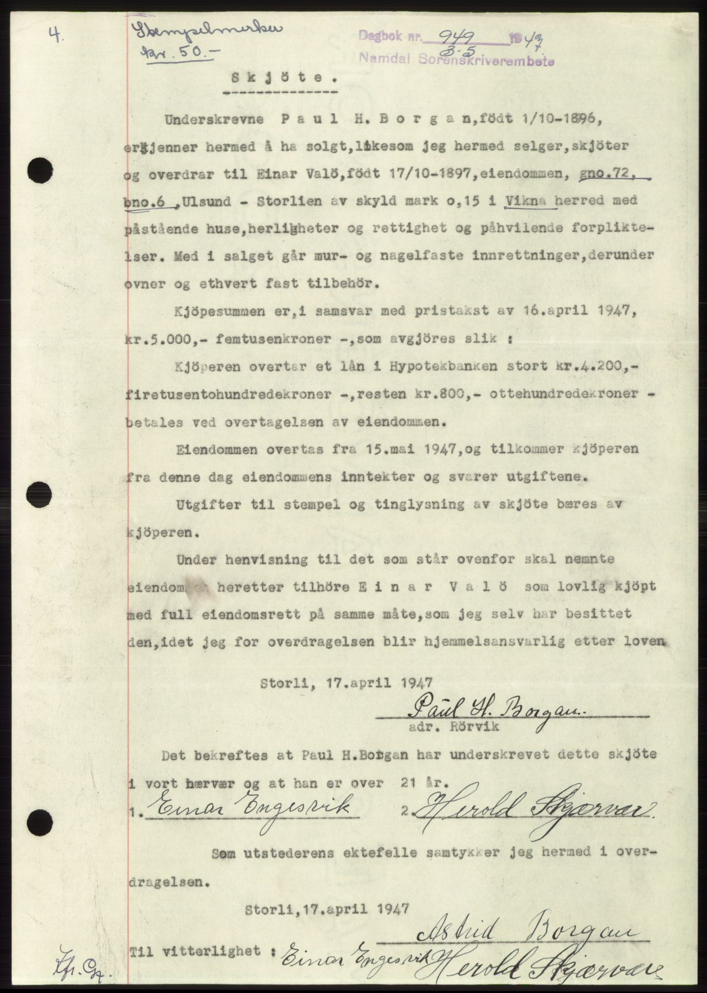Namdal sorenskriveri, SAT/A-4133/1/2/2C: Pantebok nr. -, 1947-1947, Dagboknr: 949/1947