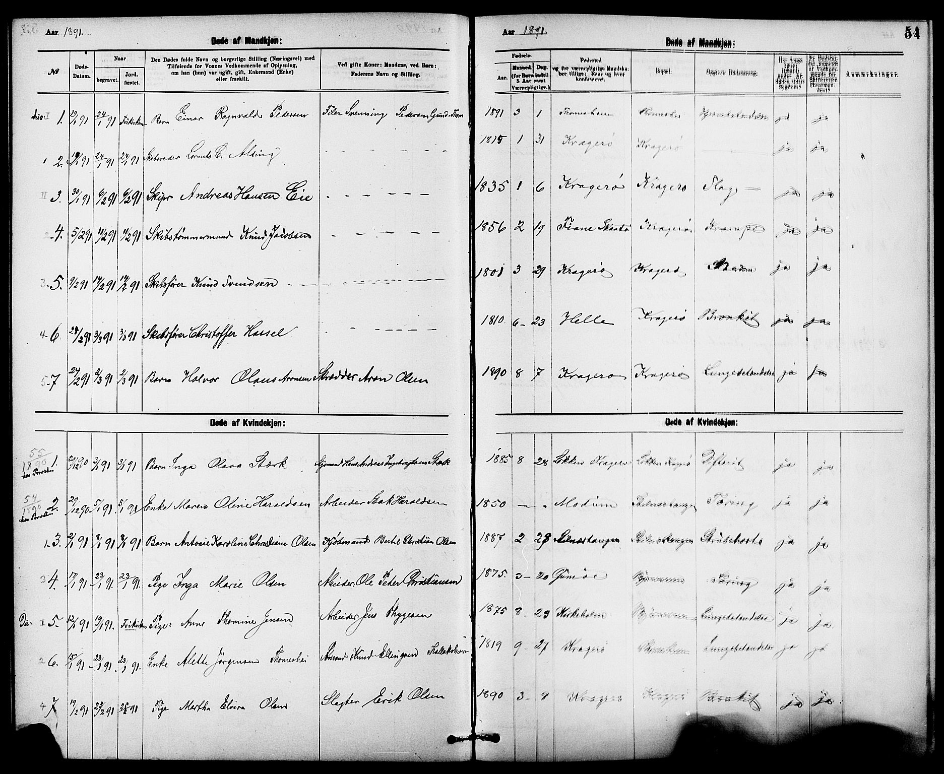 Kragerø kirkebøker, AV/SAKO-A-278/G/Ga/L0008: Klokkerbok nr. 8, 1881-1914, s. 54