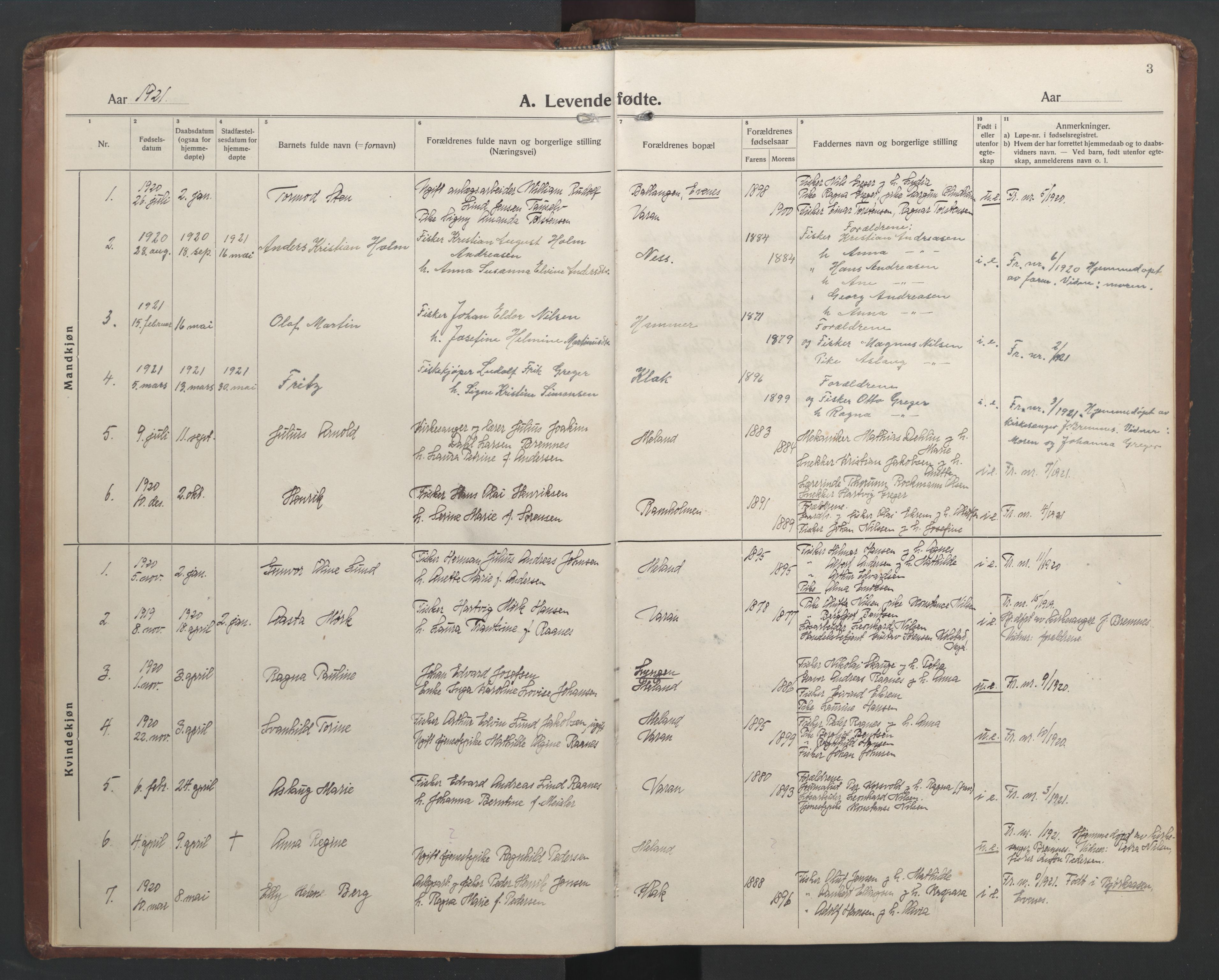 Ministerialprotokoller, klokkerbøker og fødselsregistre - Nordland, AV/SAT-A-1459/808/L0132: Klokkerbok nr. 808C03, 1920-1946, s. 3