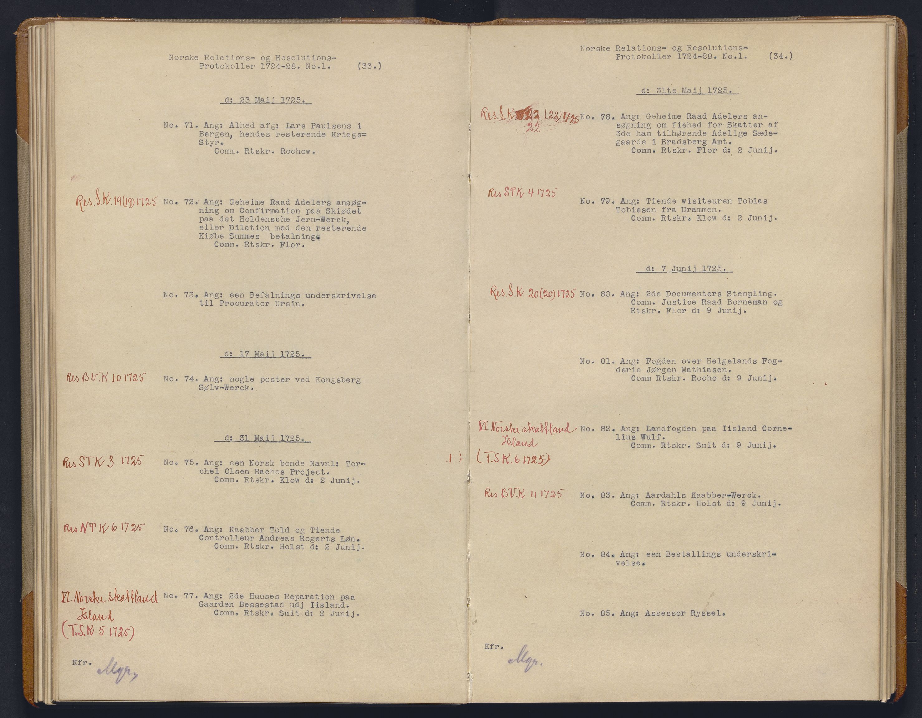 Avskriftsamlingen, AV/RA-EA-4022/F/Fb/L0115: Registratur over norske Relasjons- og resolusjonsprotkoller, 1724-1728, s. 37