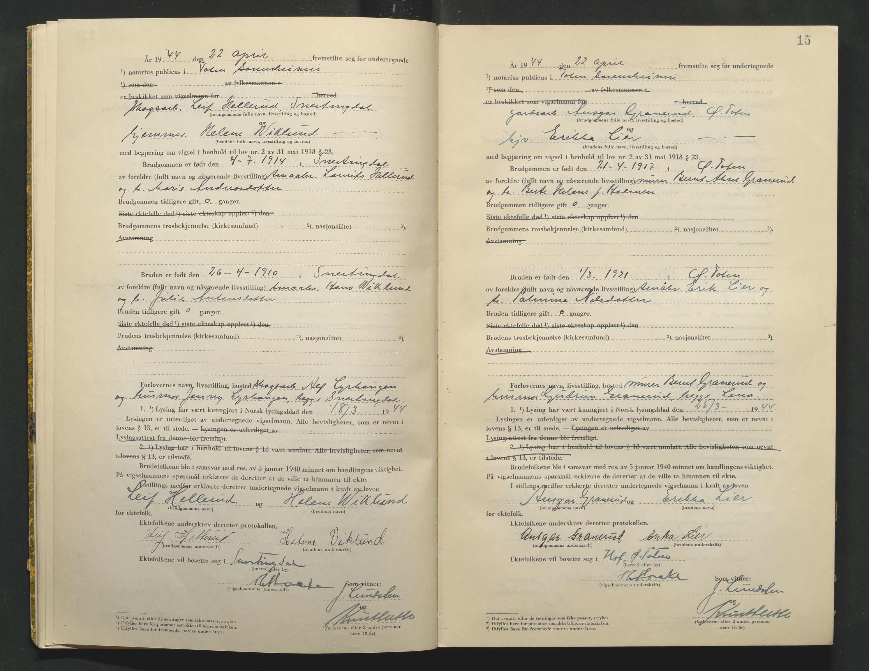 Toten tingrett, AV/SAH-TING-006/L/Lc/L0004: Vigselbok, 1944, s. 15