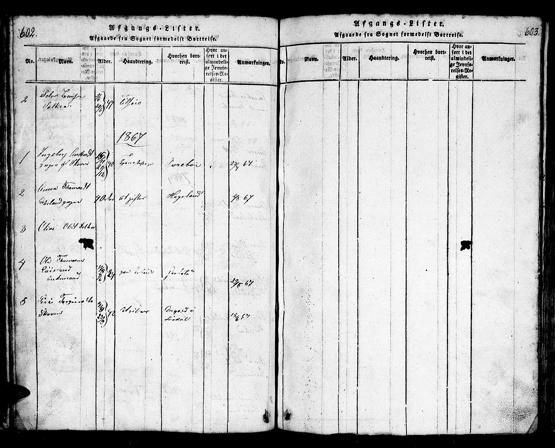 Bjelland sokneprestkontor, SAK/1111-0005/F/Fb/Fbb/L0003: Klokkerbok nr. B 3, 1816-1868, s. 602-603