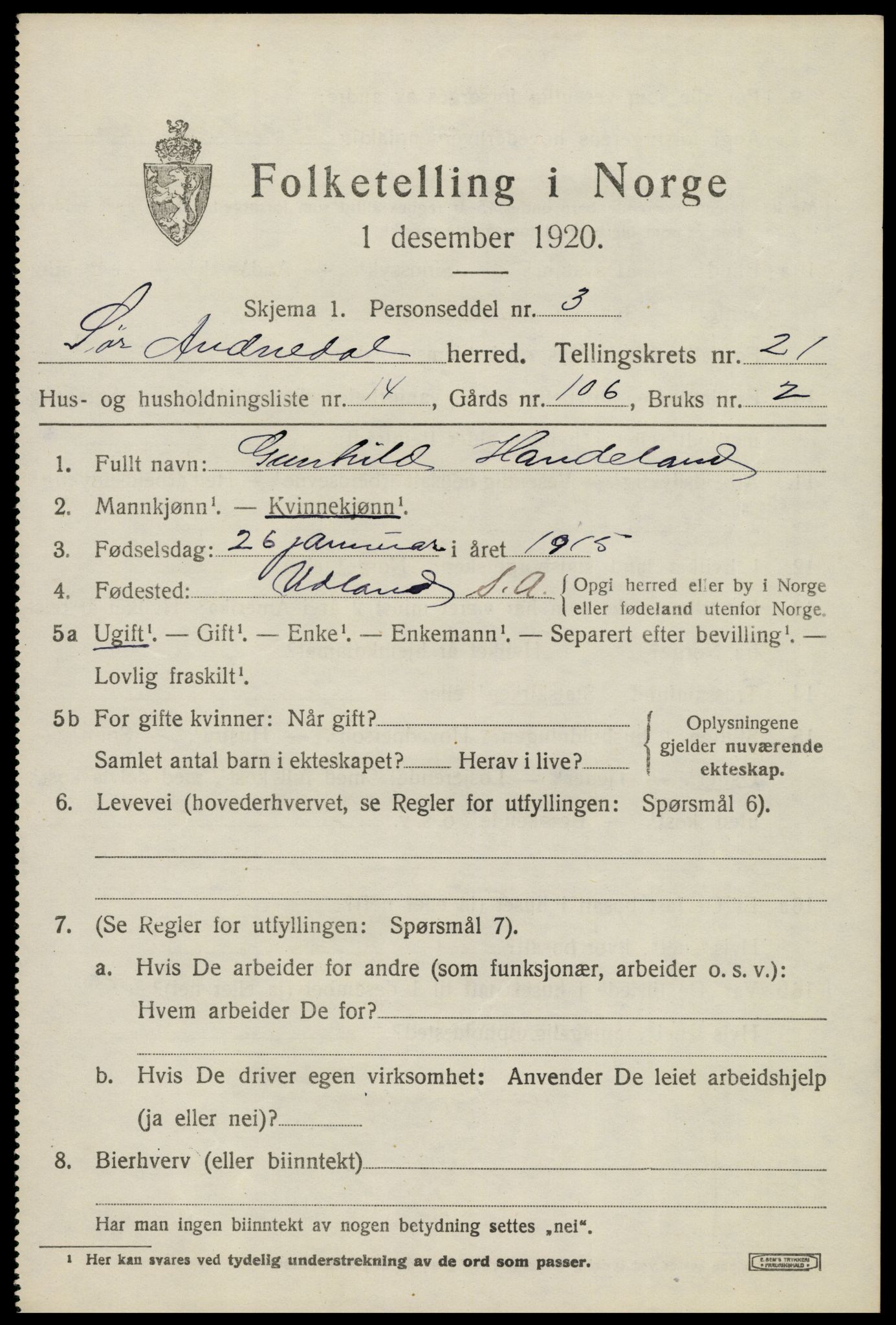 SAK, Folketelling 1920 for 1029 Sør-Audnedal herred, 1920, s. 7015