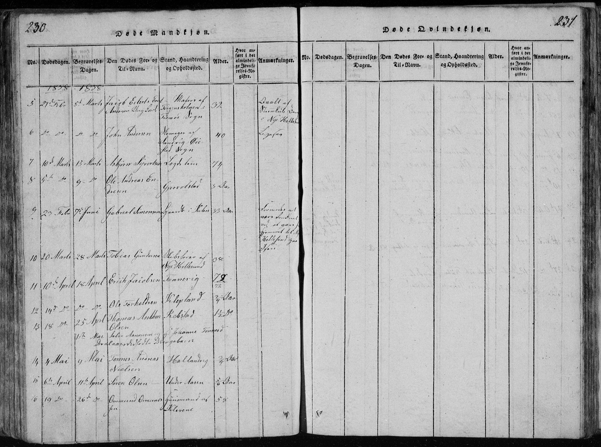 Søgne sokneprestkontor, AV/SAK-1111-0037/F/Fb/Fbb/L0002: Klokkerbok nr. B 2, 1821-1838, s. 230-231