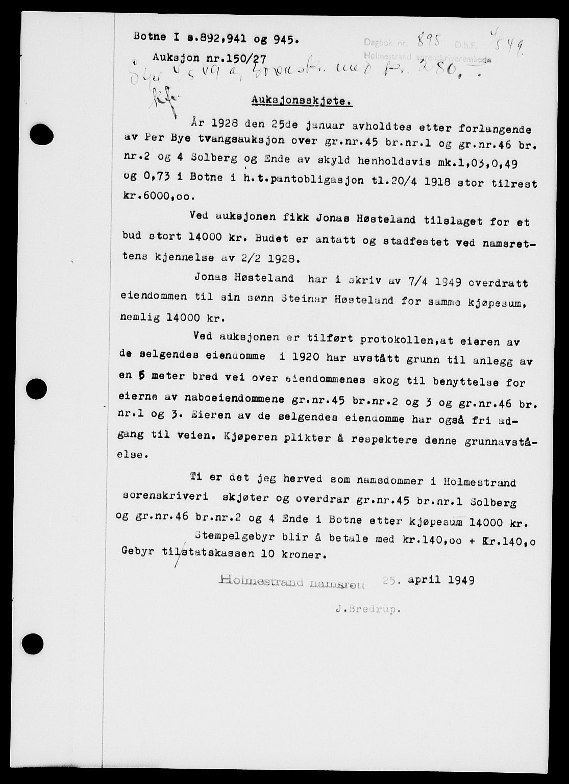 Holmestrand sorenskriveri, SAKO/A-67/G/Ga/Gaa/L0066: Pantebok nr. A-66, 1949-1949, Dagboknr: 895/1949