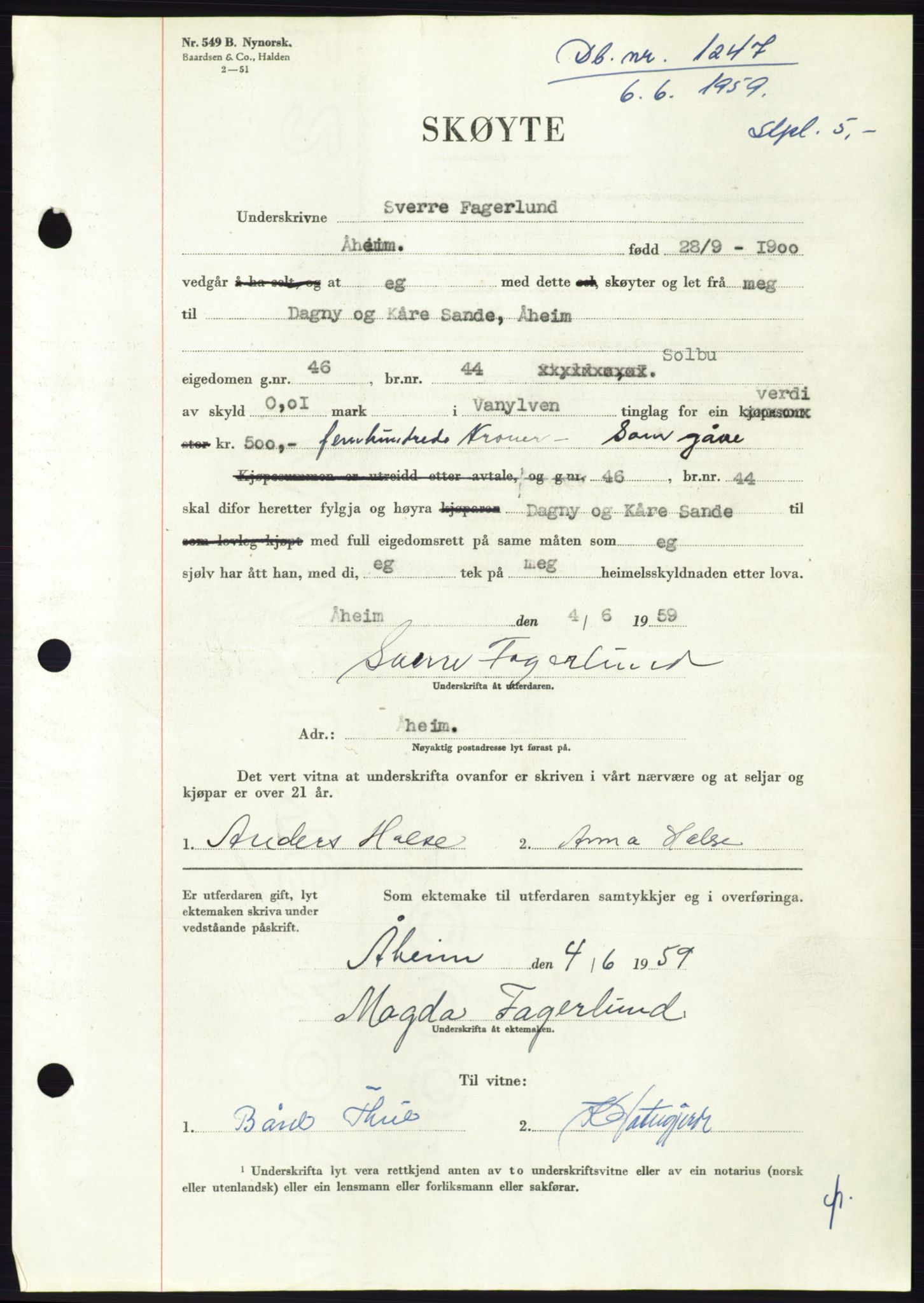 Søre Sunnmøre sorenskriveri, SAT/A-4122/1/2/2C/L0112: Pantebok nr. 38A, 1959-1959, Dagboknr: 1247/1959