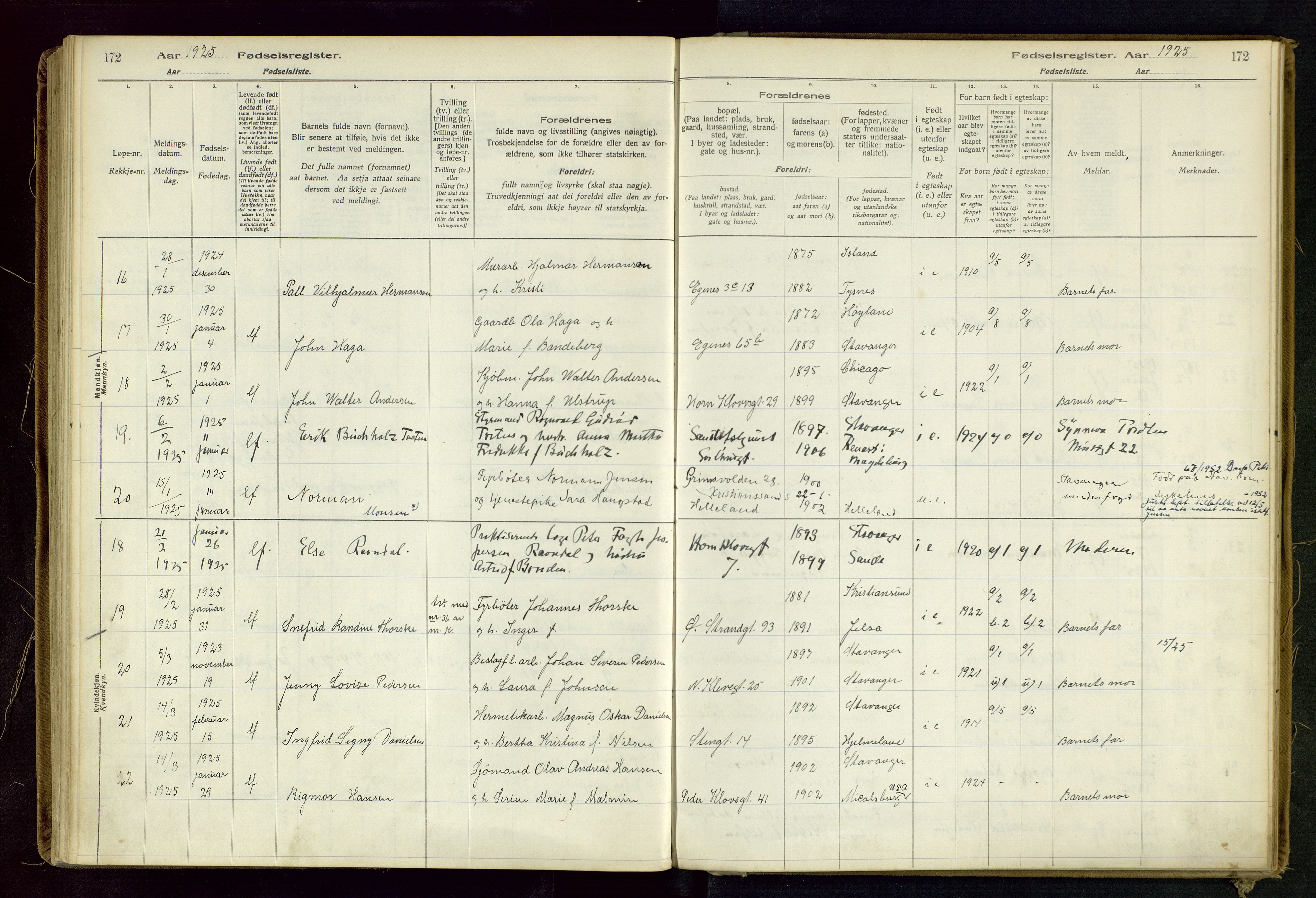 Domkirken sokneprestkontor, SAST/A-101812/002/B/L0002: Fødselsregister nr. 2, 1920-1925, s. 172