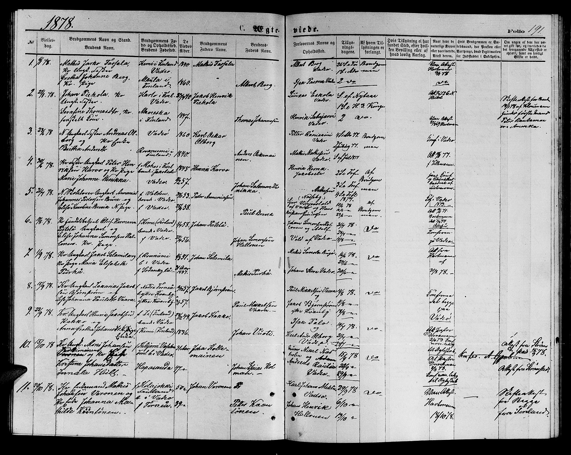 Vadsø sokneprestkontor, AV/SATØ-S-1325/H/Hb/L0002klokker: Klokkerbok nr. 2, 1875-1884, s. 191