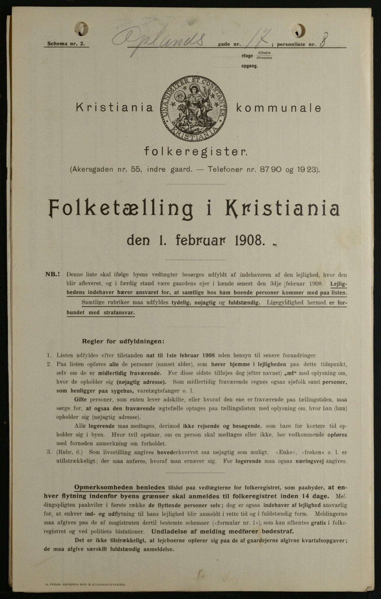 OBA, Kommunal folketelling 1.2.1908 for Kristiania kjøpstad, 1908, s. 68000