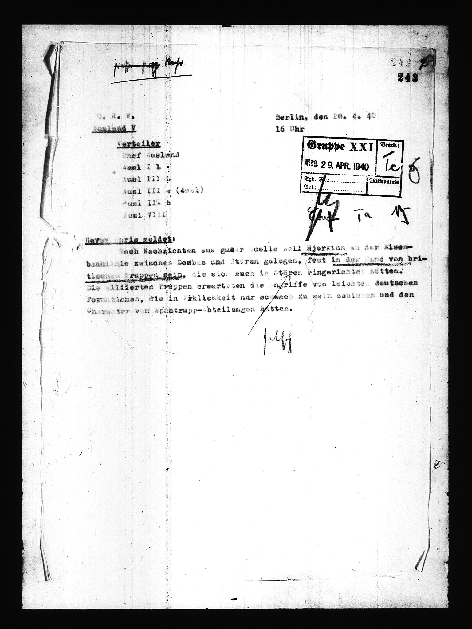 Documents Section, AV/RA-RAFA-2200/V/L0085: Amerikansk mikrofilm "Captured German Documents".
Box No. 724.  FKA jnr. 615/1954., 1940-1941, s. 5