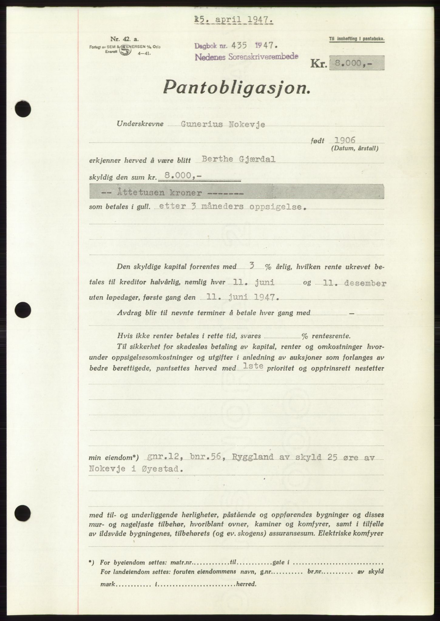 Nedenes sorenskriveri, SAK/1221-0006/G/Gb/Gbb/L0004: Pantebok nr. B4, 1947-1947, Dagboknr: 435/1947