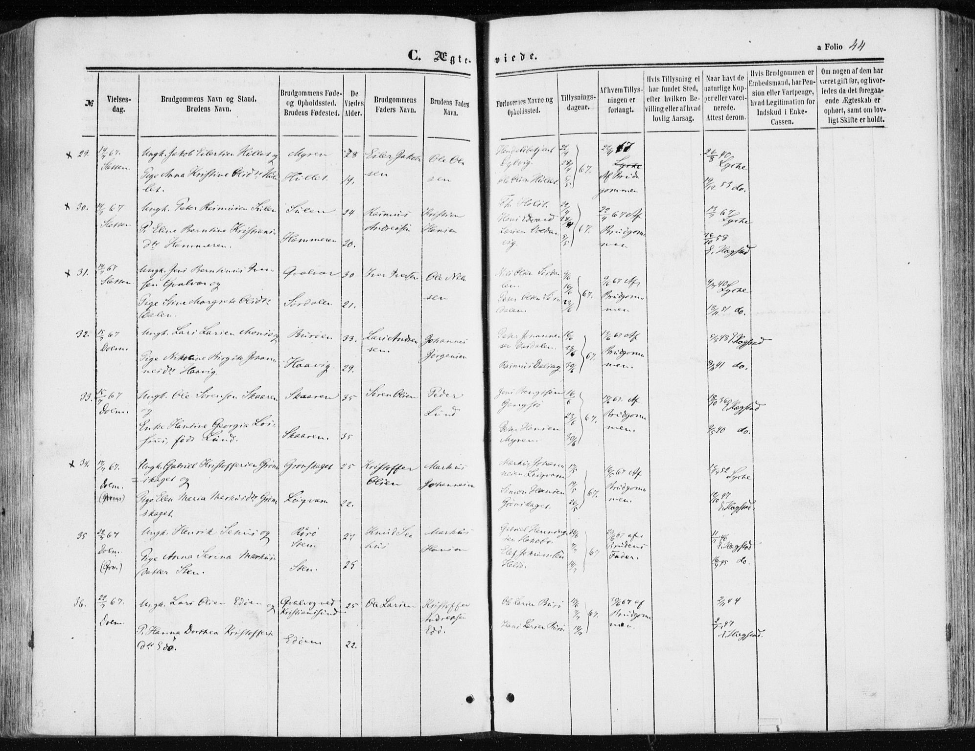 Ministerialprotokoller, klokkerbøker og fødselsregistre - Sør-Trøndelag, SAT/A-1456/634/L0531: Ministerialbok nr. 634A07, 1861-1870, s. 44