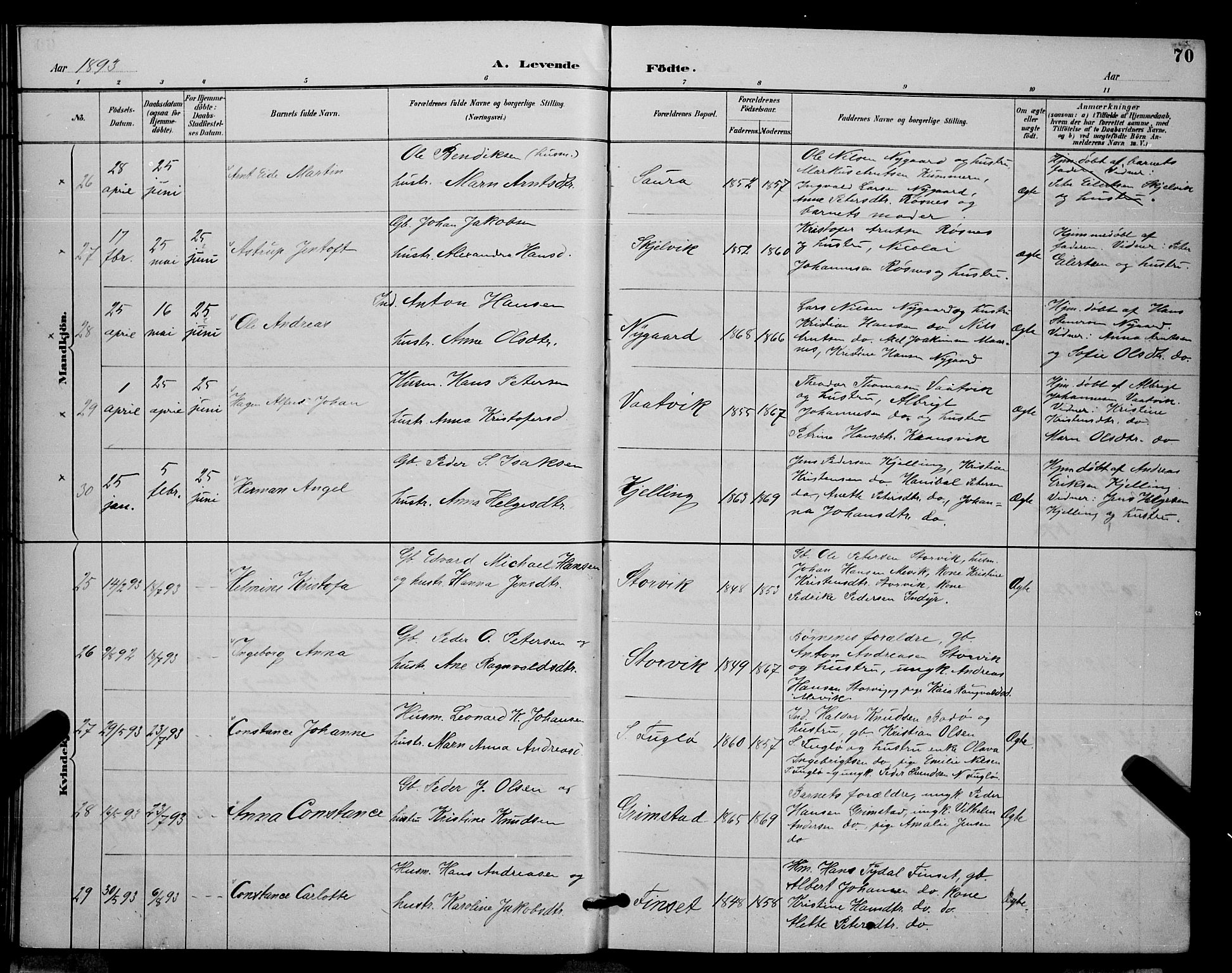Ministerialprotokoller, klokkerbøker og fødselsregistre - Nordland, AV/SAT-A-1459/805/L0108: Klokkerbok nr. 805C04, 1885-1899, s. 70