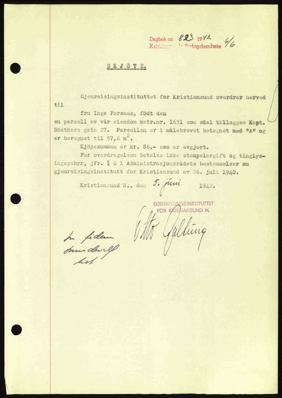 Kristiansund byfogd, AV/SAT-A-4587/A/27: Pantebok nr. 34, 1941-1945, Dagboknr: 823/1942