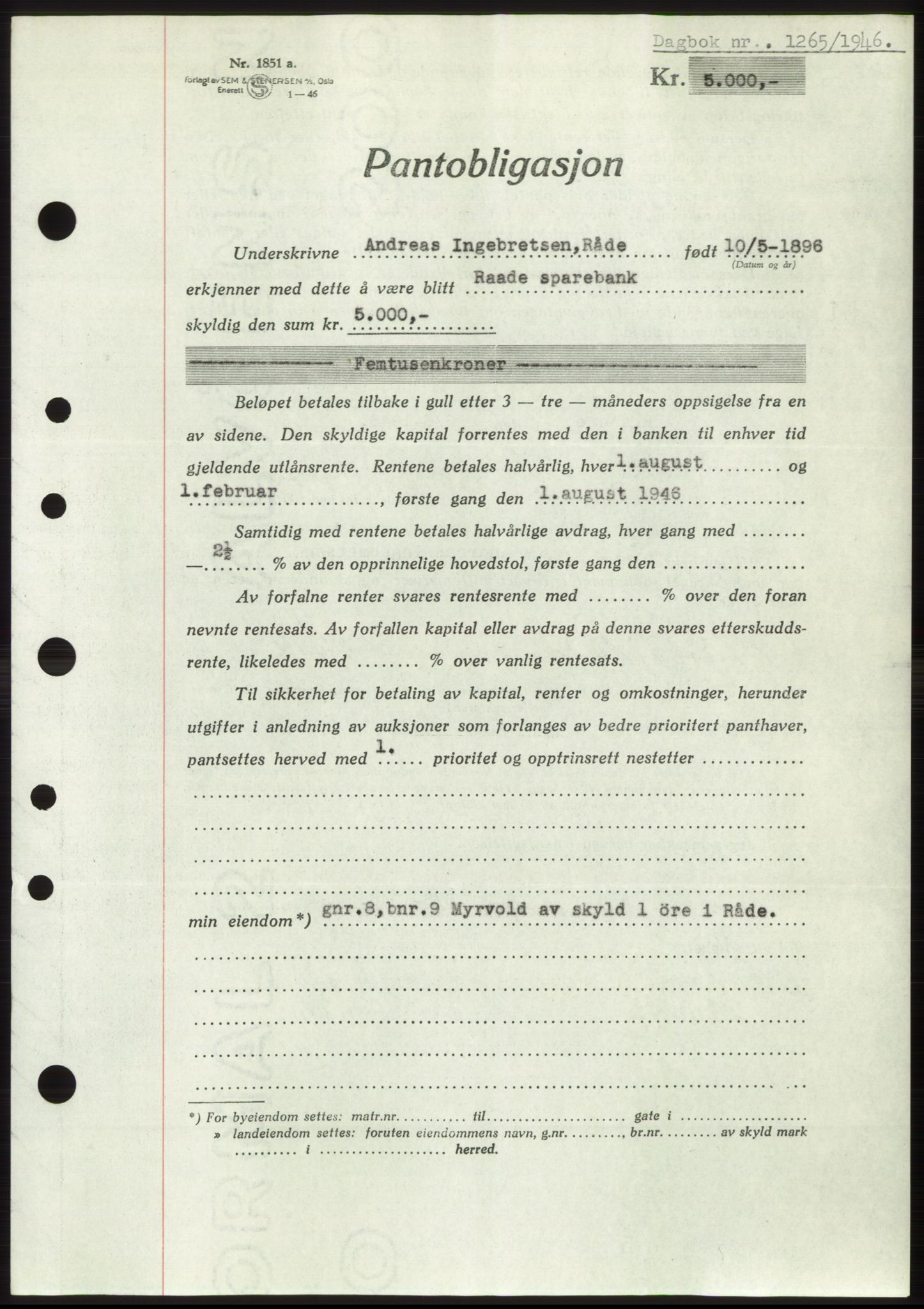 Moss sorenskriveri, SAO/A-10168: Pantebok nr. B15, 1946-1946, Dagboknr: 1265/1946