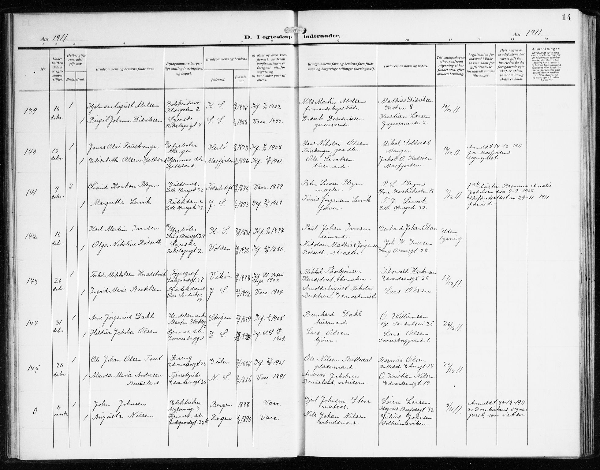 Sandviken Sokneprestembete, AV/SAB-A-77601/H/Ha/L0015: Ministerialbok nr. D 2, 1911-1923, s. 14