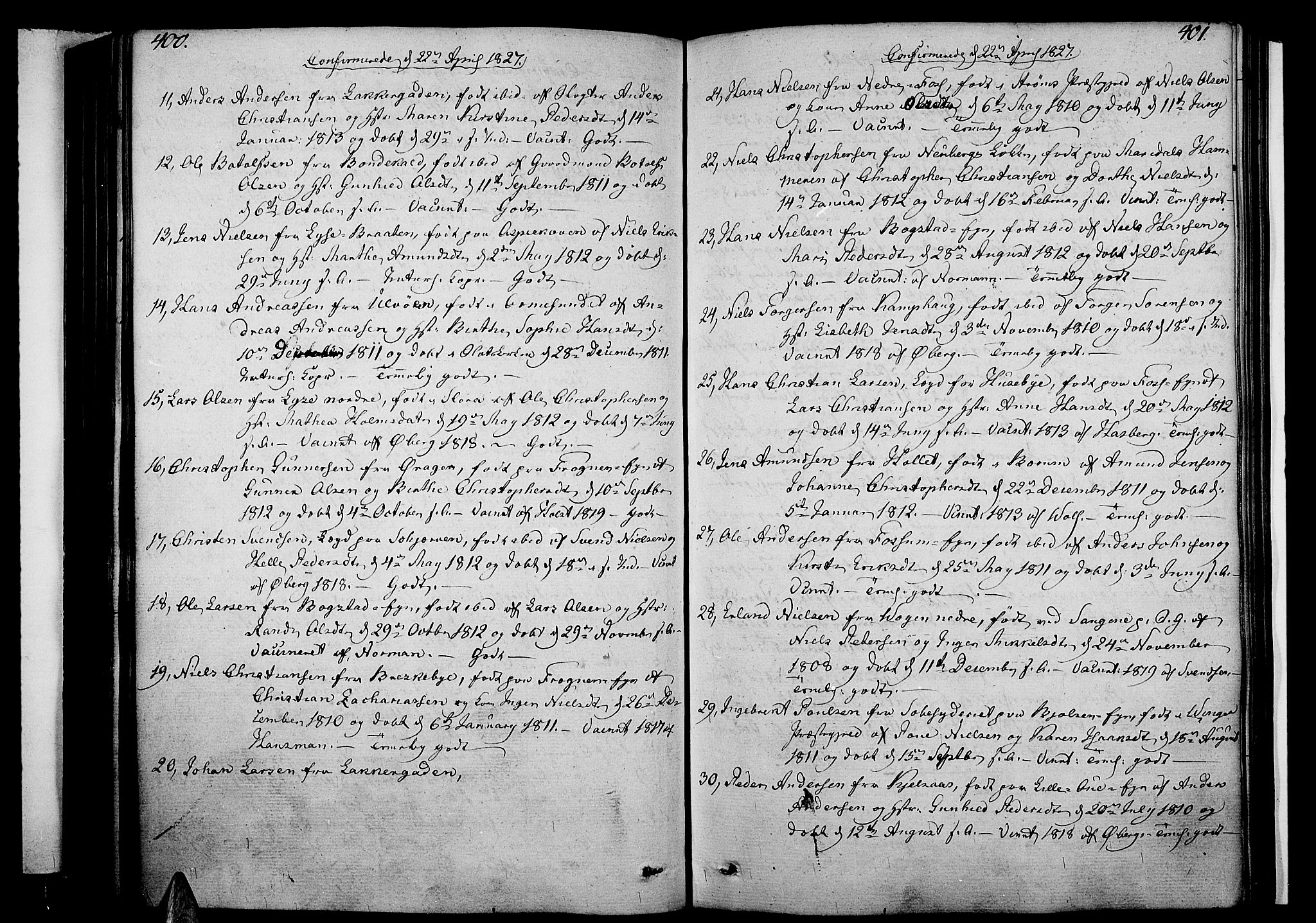 Aker prestekontor kirkebøker, SAO/A-10861/F/L0012: Ministerialbok nr. 12, 1819-1828, s. 400-401
